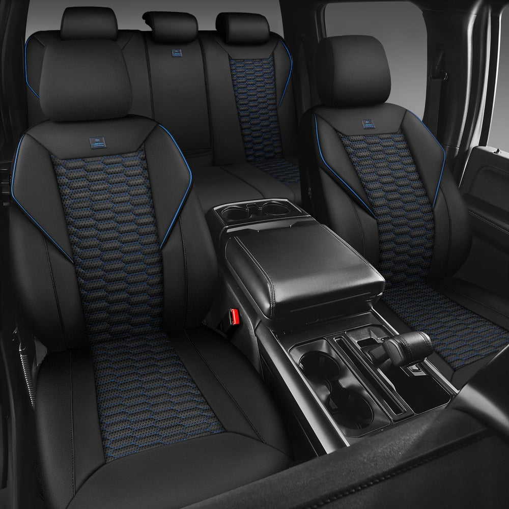 CAR PASS quilted design with blue piping elevates interior style.