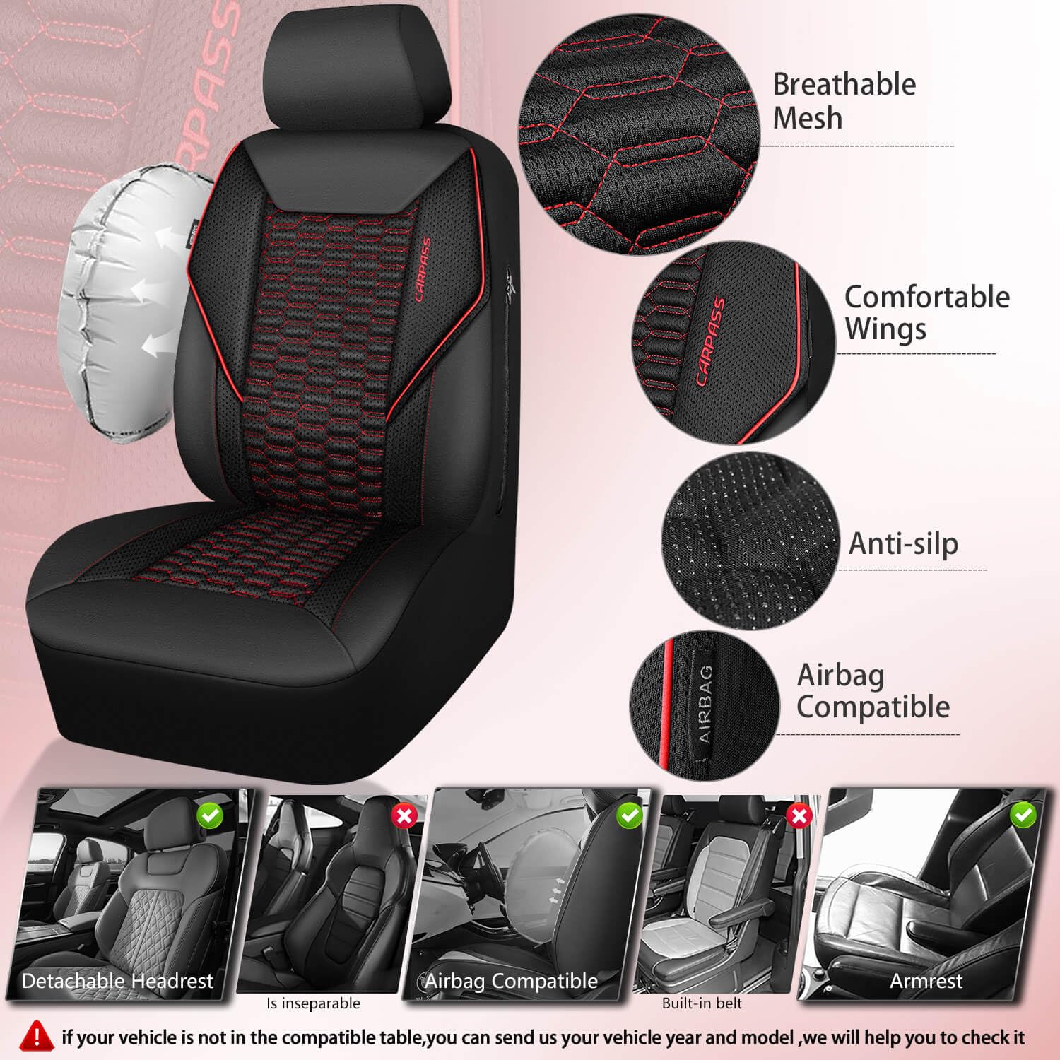 CAR PASS airbag-compatible seat cover front allows safe deployment.