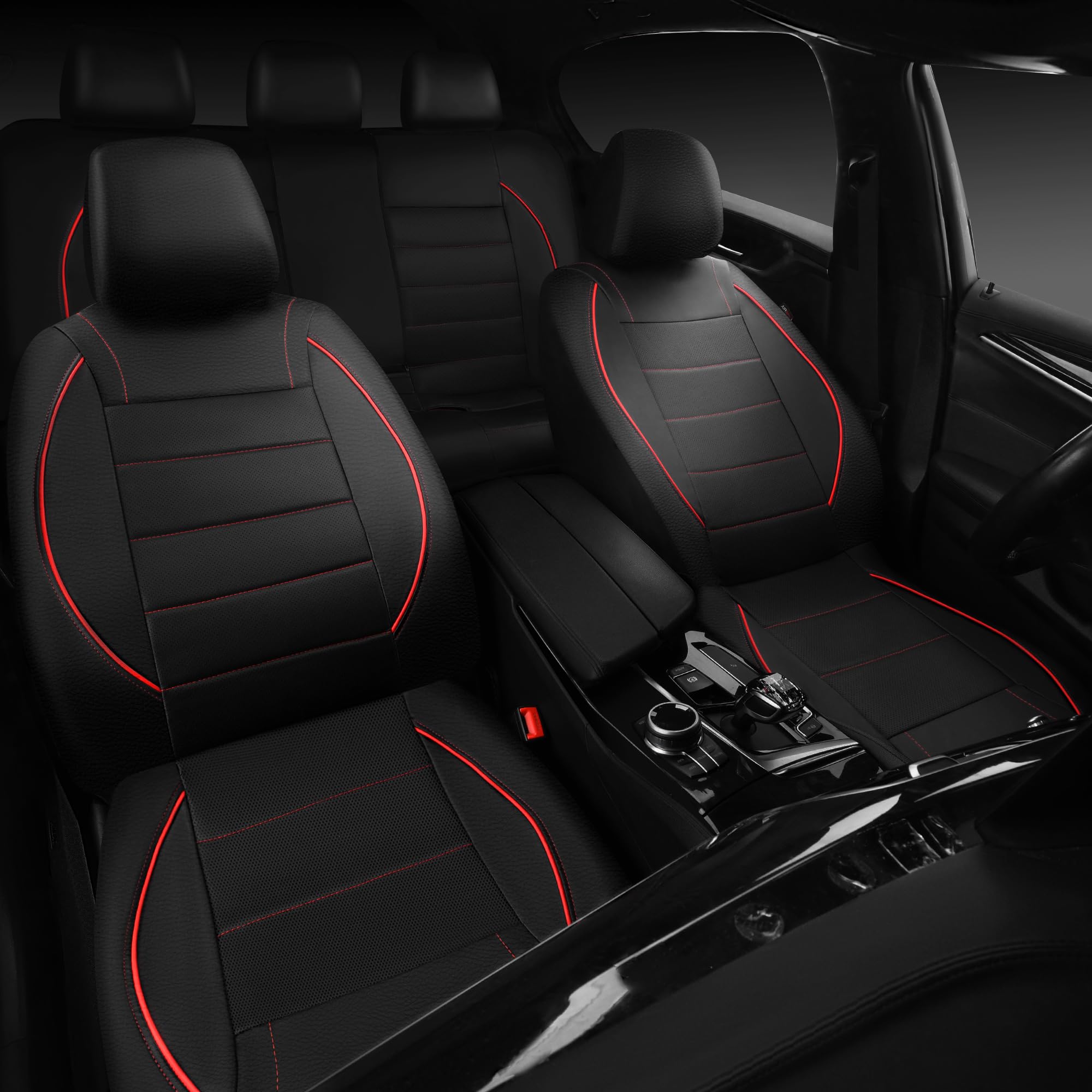 CAR PASS airbag-compatible seat covers with reserved holes for safety features.