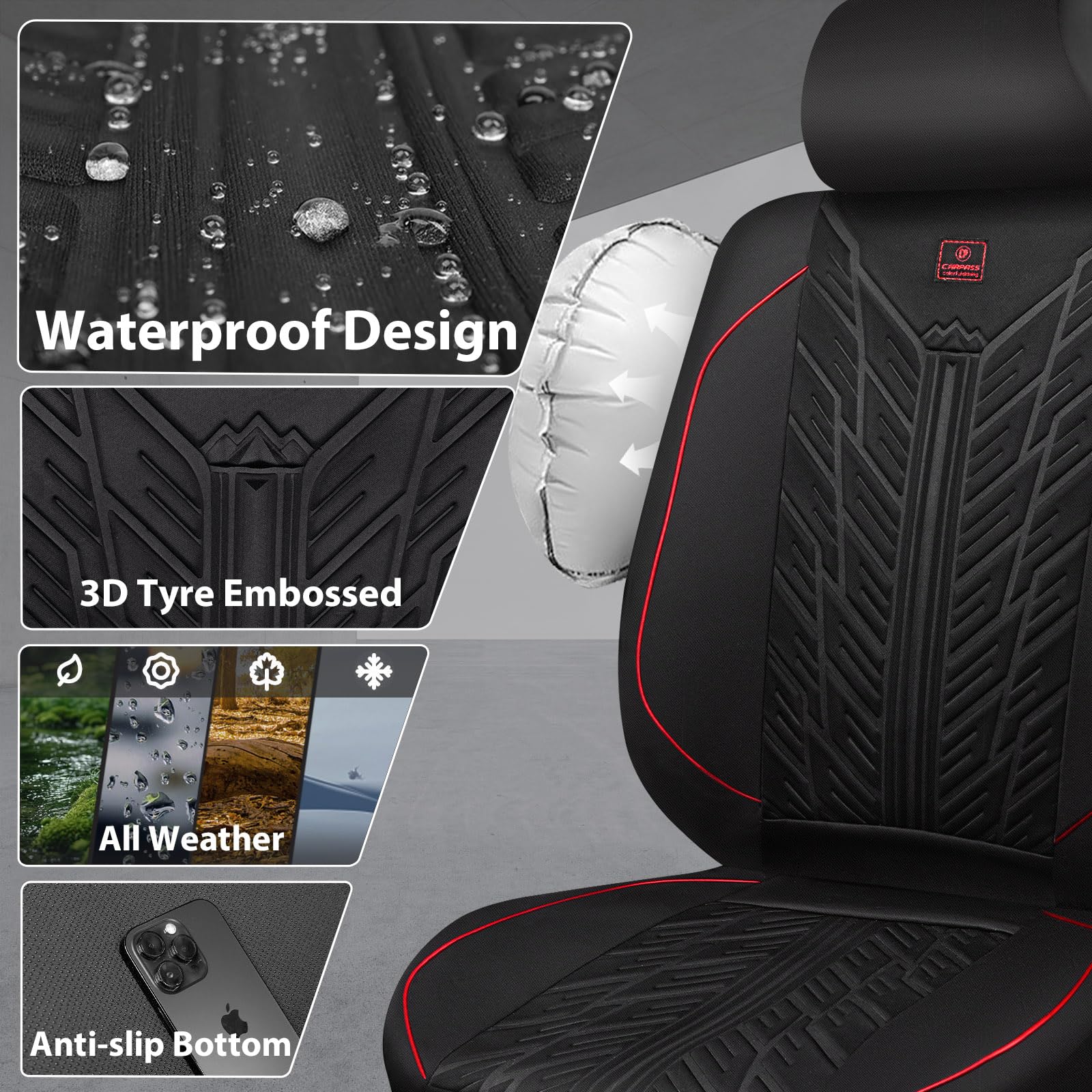 CAR PASS all-weather seat protector keeps interiors clean in rain or snow.