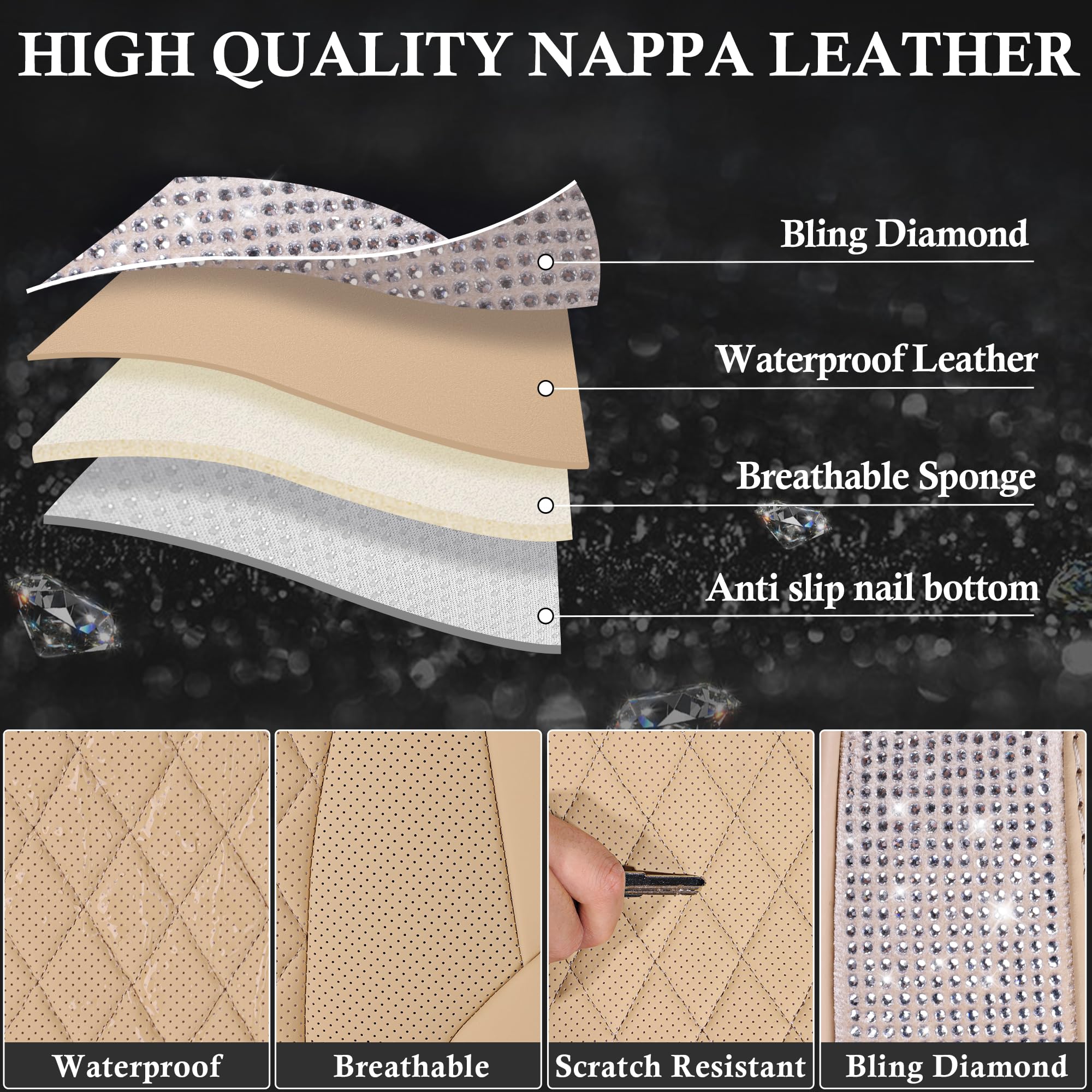 CAR PASS beige leather bling diamond detail close-up adds sparkle and premium texture.