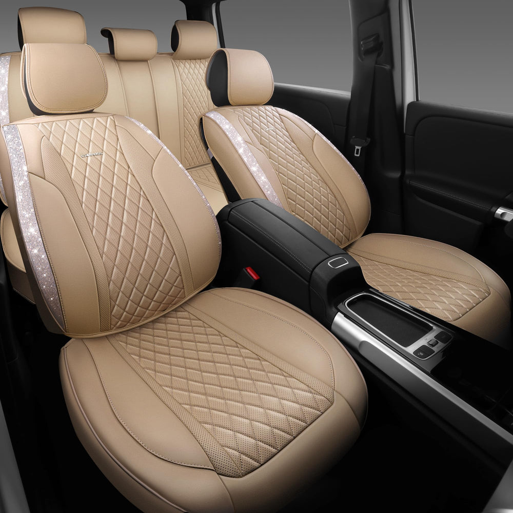 CAR PASS beige leather bling front headrest covers protect and decorate without bulk.