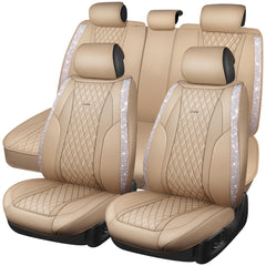 CAR PASS beige leather bling seat covers full set, luxury protection and easy cleaning.