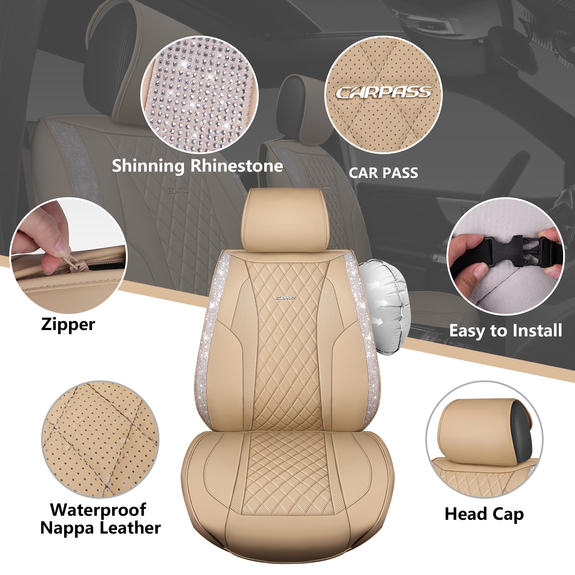 CAR PASS beige leather bling car storage pocket keeps essentials organized.
