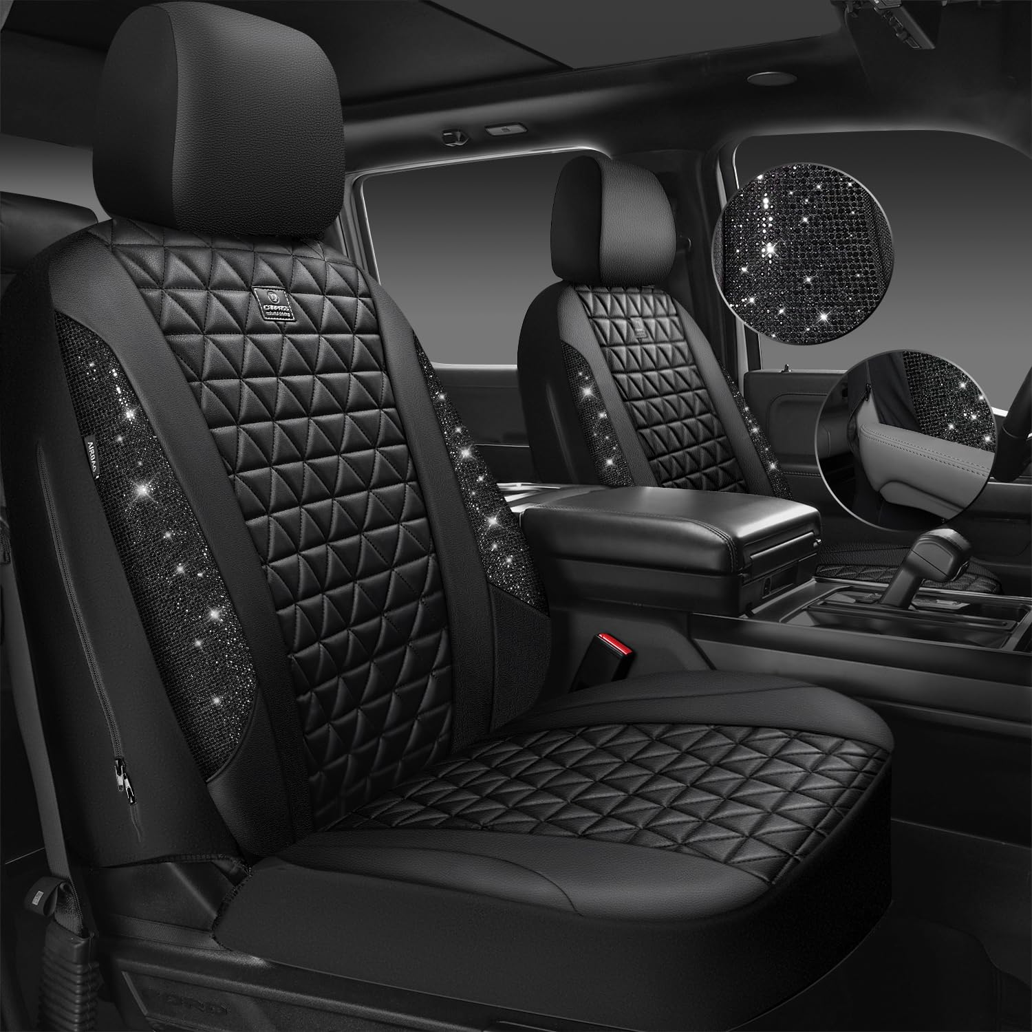 CAR PASS rhinestone detail on front seat cover adds luxury and protection.