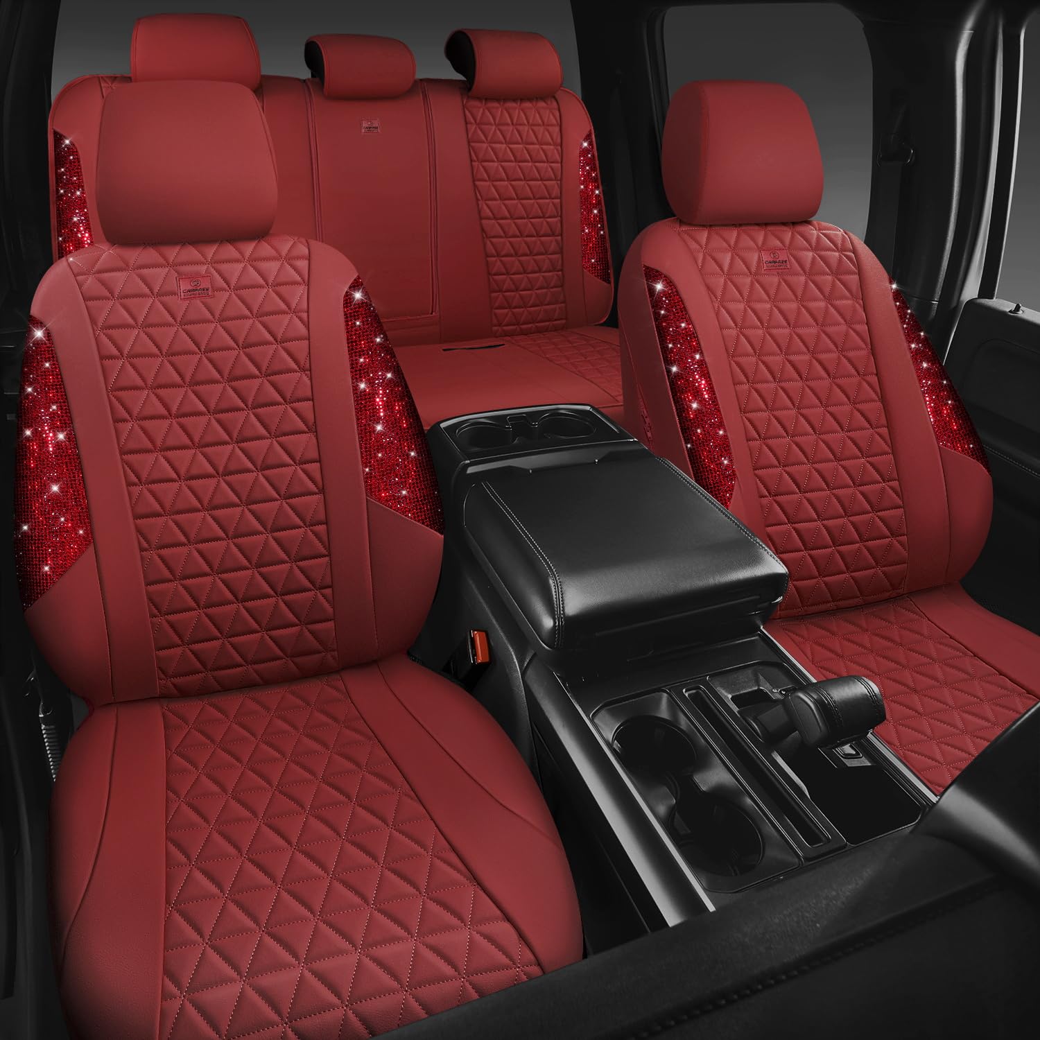 CAR PASS burgundy rhinestone front headrest cover adds sparkle while keeping surfaces clean.