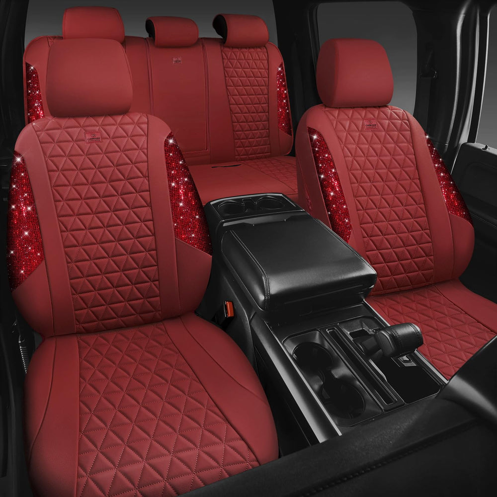 CAR PASS burgundy rhinestone front headrest cover adds sparkle while keeping surfaces clean.