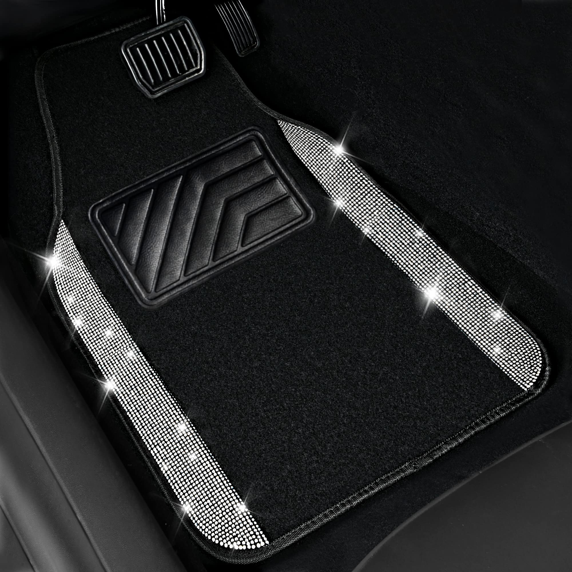 Close-up of CAR PASS rhinestones showing sparkle and durable stitching.