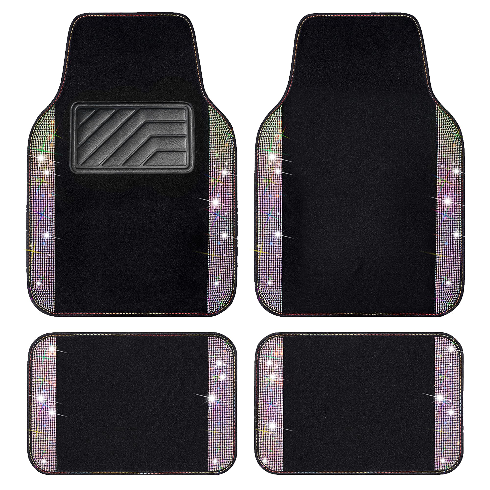 CAR PASS Iridescent Diamond Floor Mats front view with sparkling rhinestones and universal fit