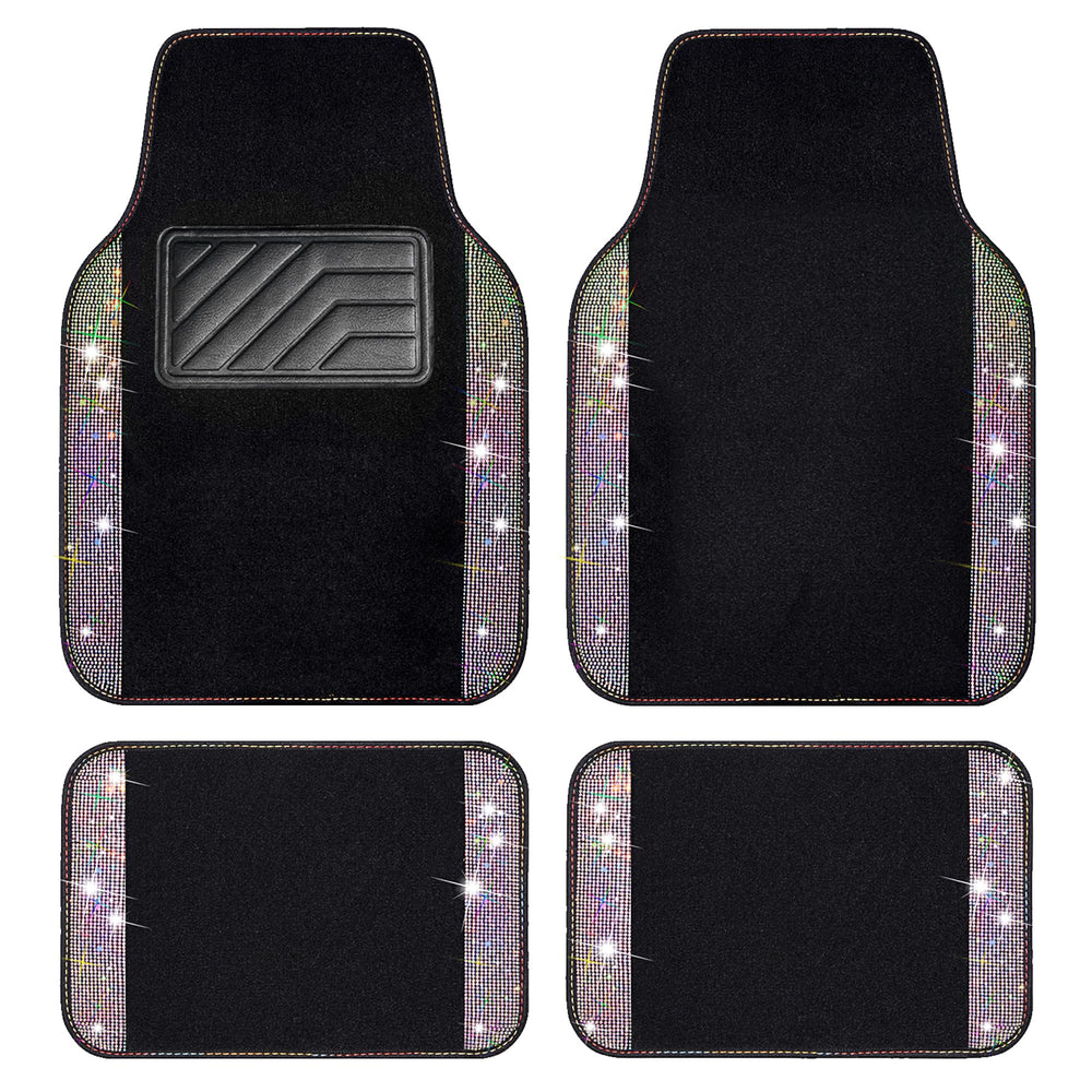 CAR PASS Iridescent Diamond Floor Mats front view with sparkling rhinestones and universal fit