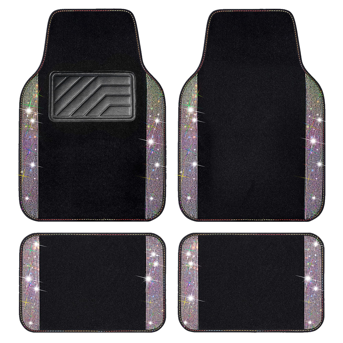CAR PASS Iridescent Diamond Floor Mats front view with sparkling rhinestones and universal fit