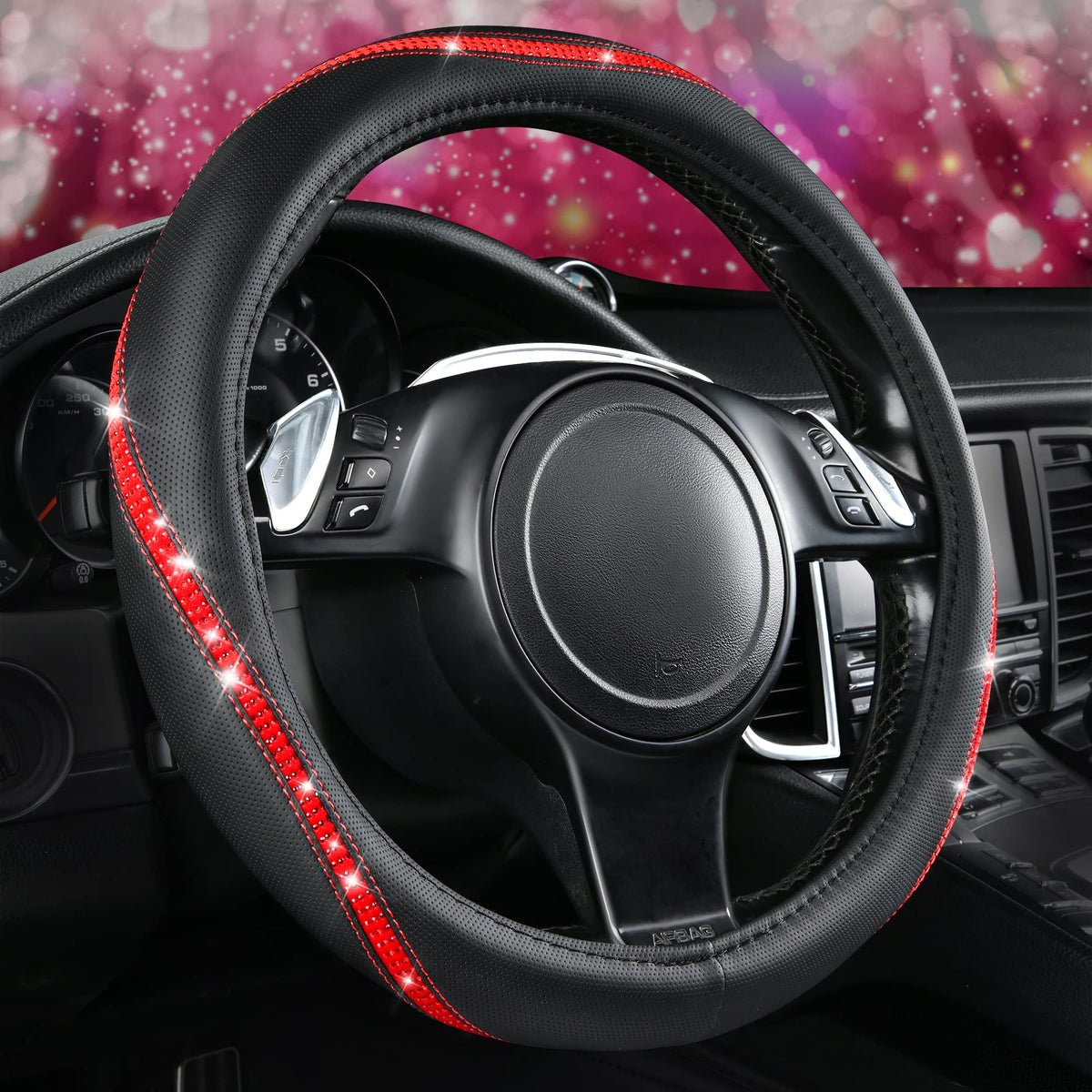 CAR PASS Bling Diamond Leather Cover, 14-15 inch, crystal rhinestones add luxury grip.