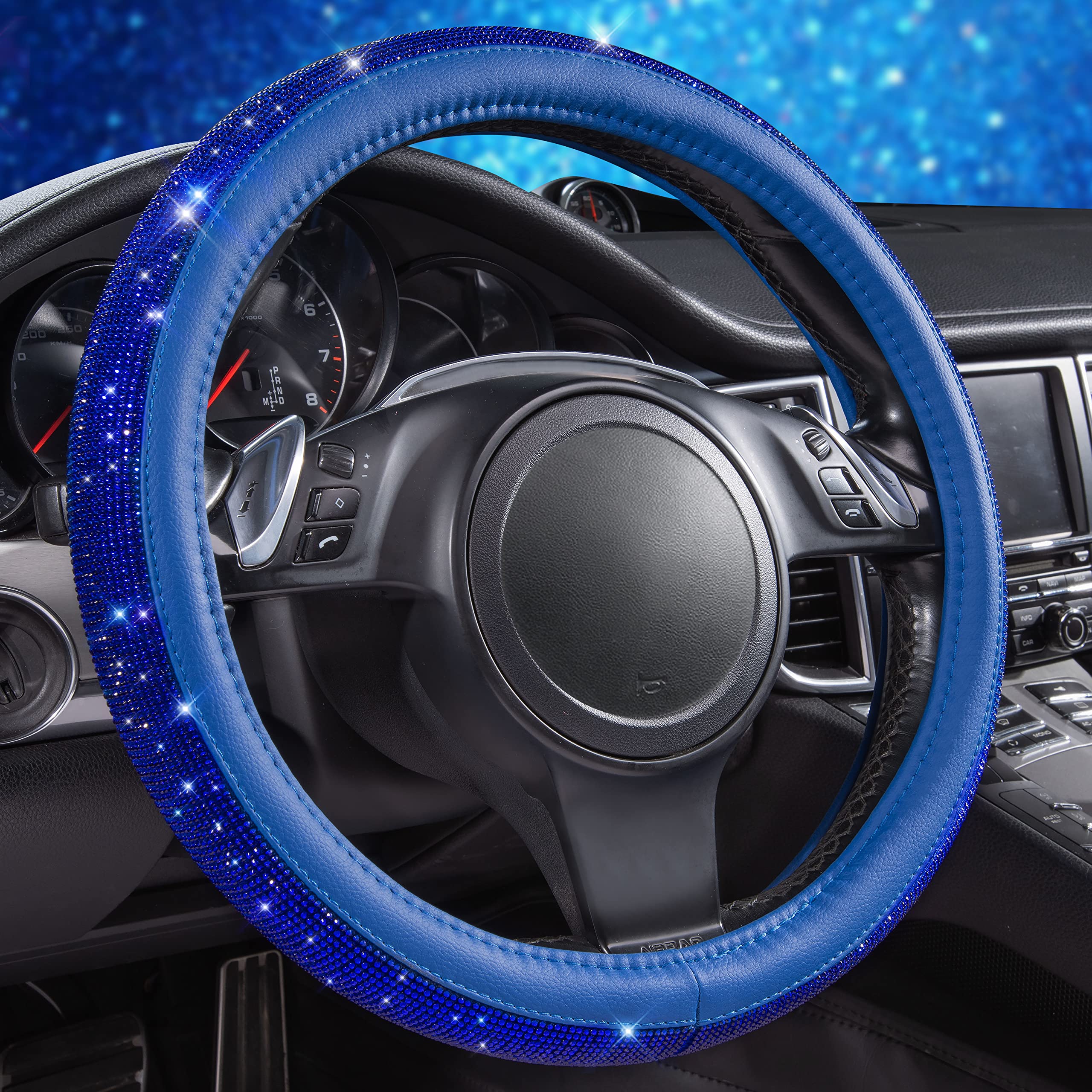 CAR PASS bling diamond leather steering wheel cover in blue adds luxury and grip.