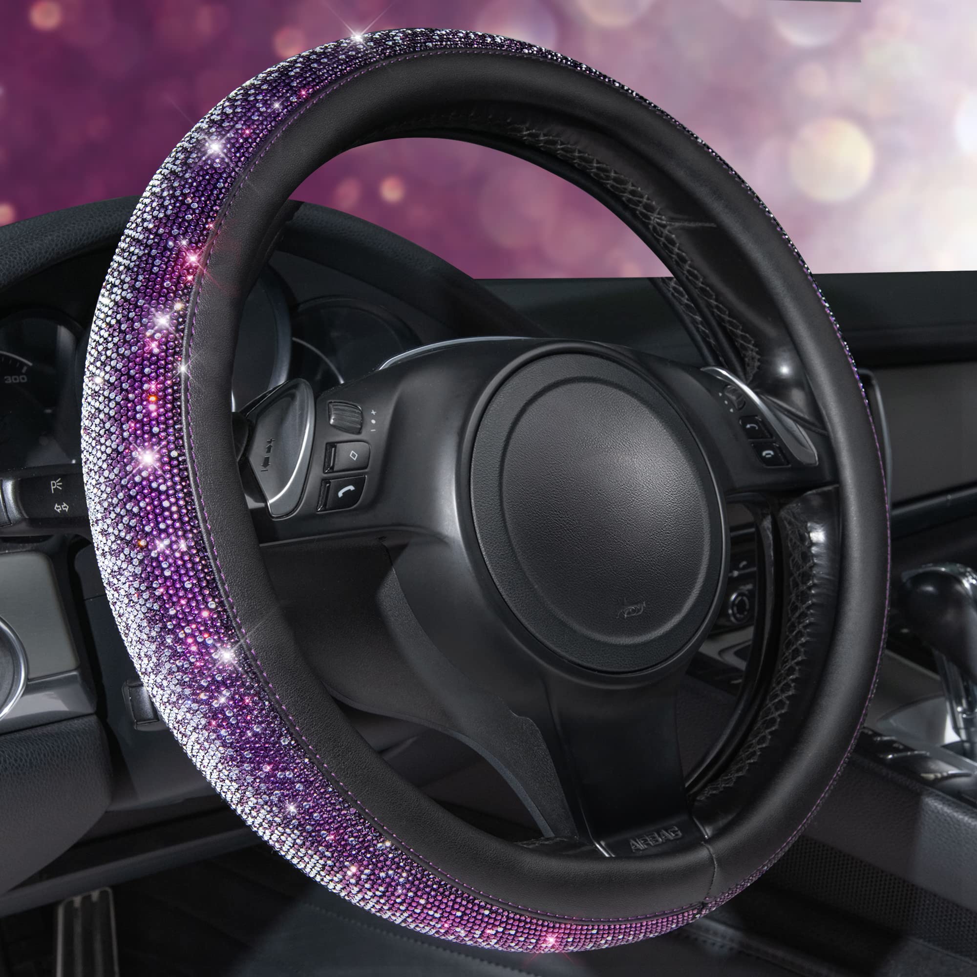 CAR PASS Bling diamond steering wheel cover close-up showing rhinestones and luxury texture.