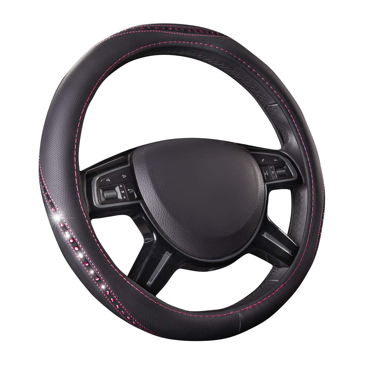 CAR PASS bling diamond leather steering wheel cover in hot pink adds sparkle and grip.