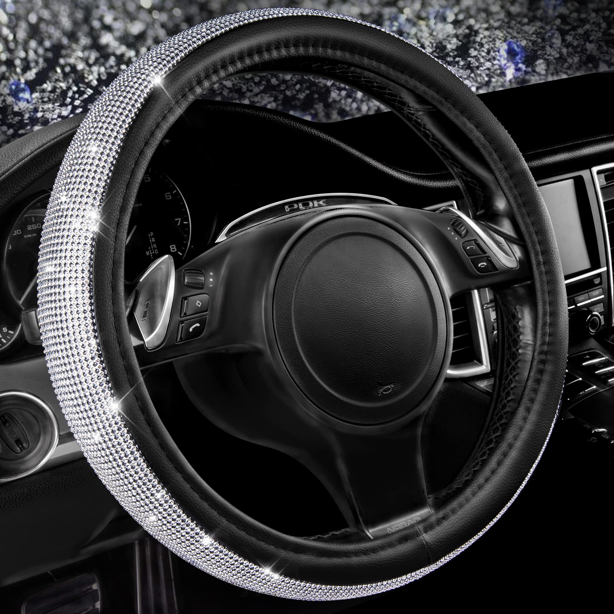 CAR PASS bling-diamond-leather steering wheel cover adds premium sparkle and comfort.
