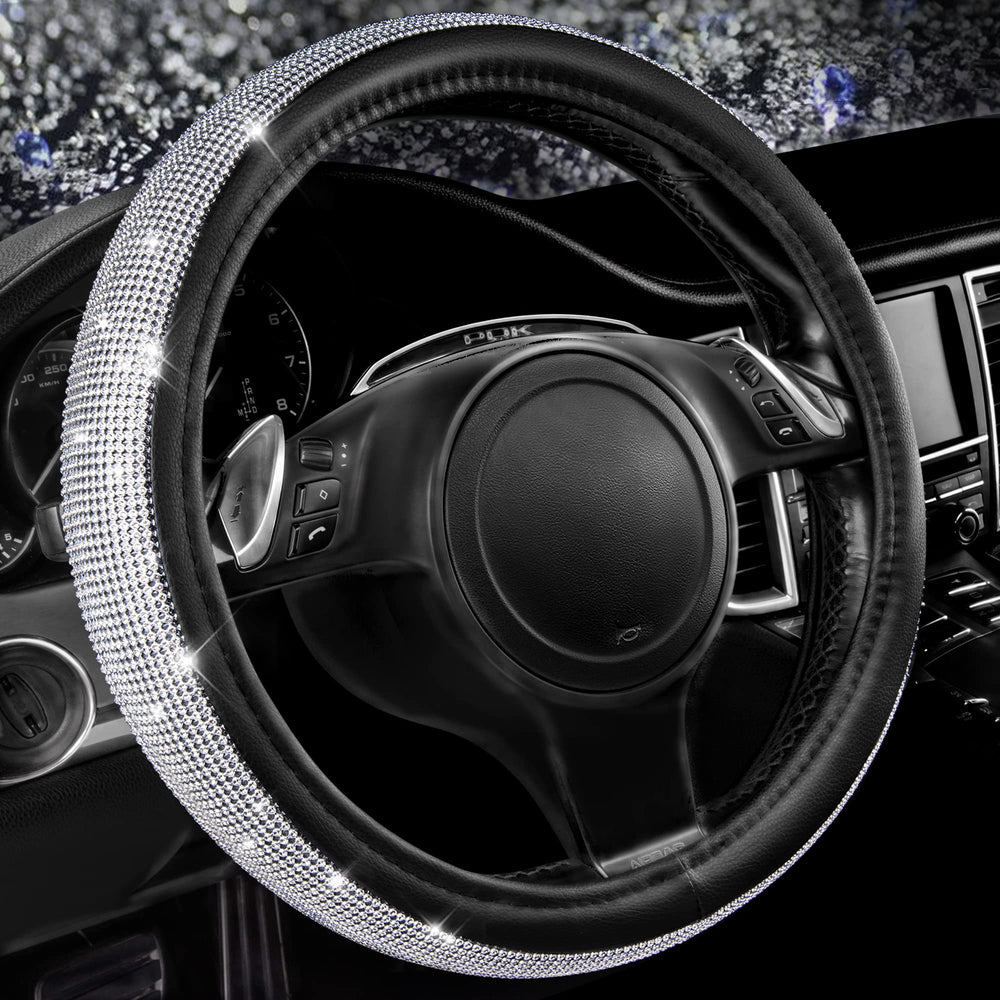 CAR PASS bling-diamond-leather steering wheel cover adds premium sparkle and comfort.