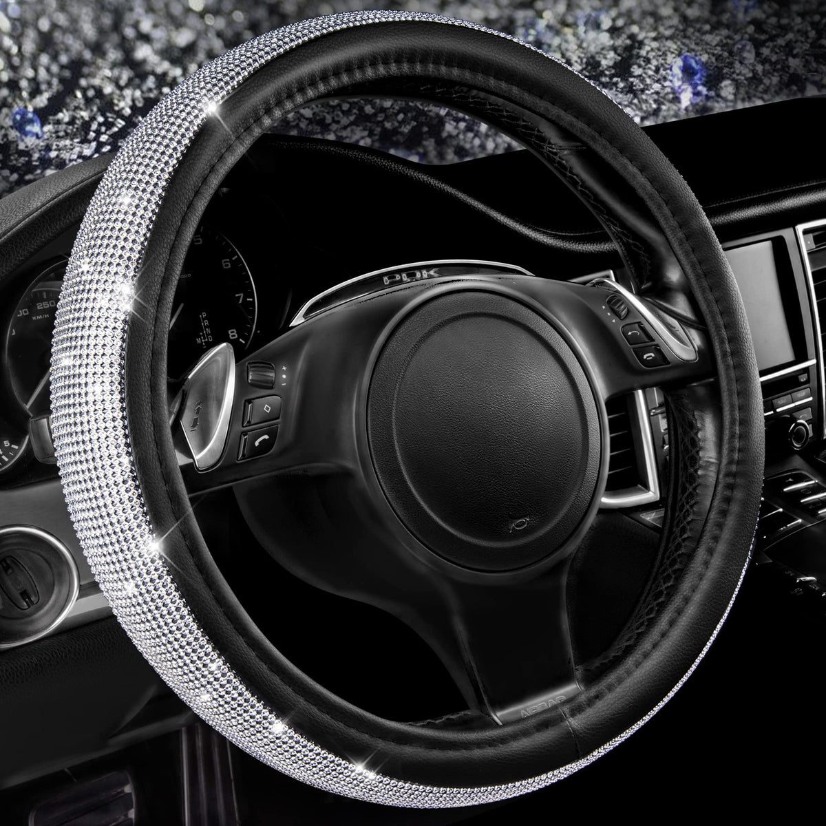 CAR PASS bling-diamond-leather steering wheel cover adds premium sparkle and comfort.