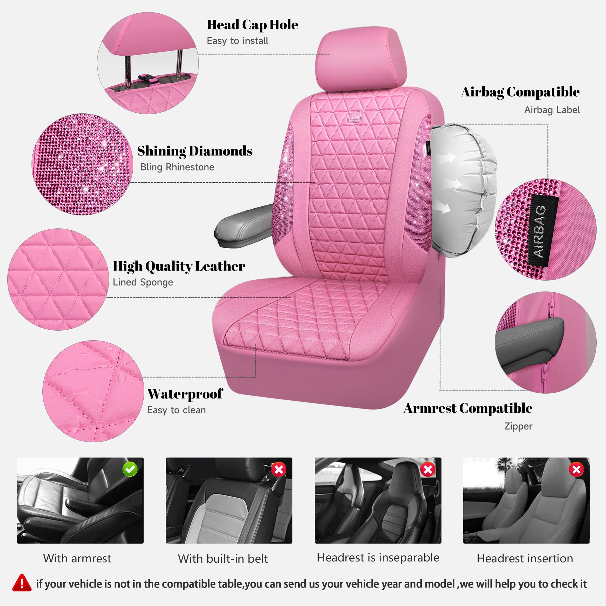 CAR PASS driver-side view showing rhinestones and water-resistant pink leather