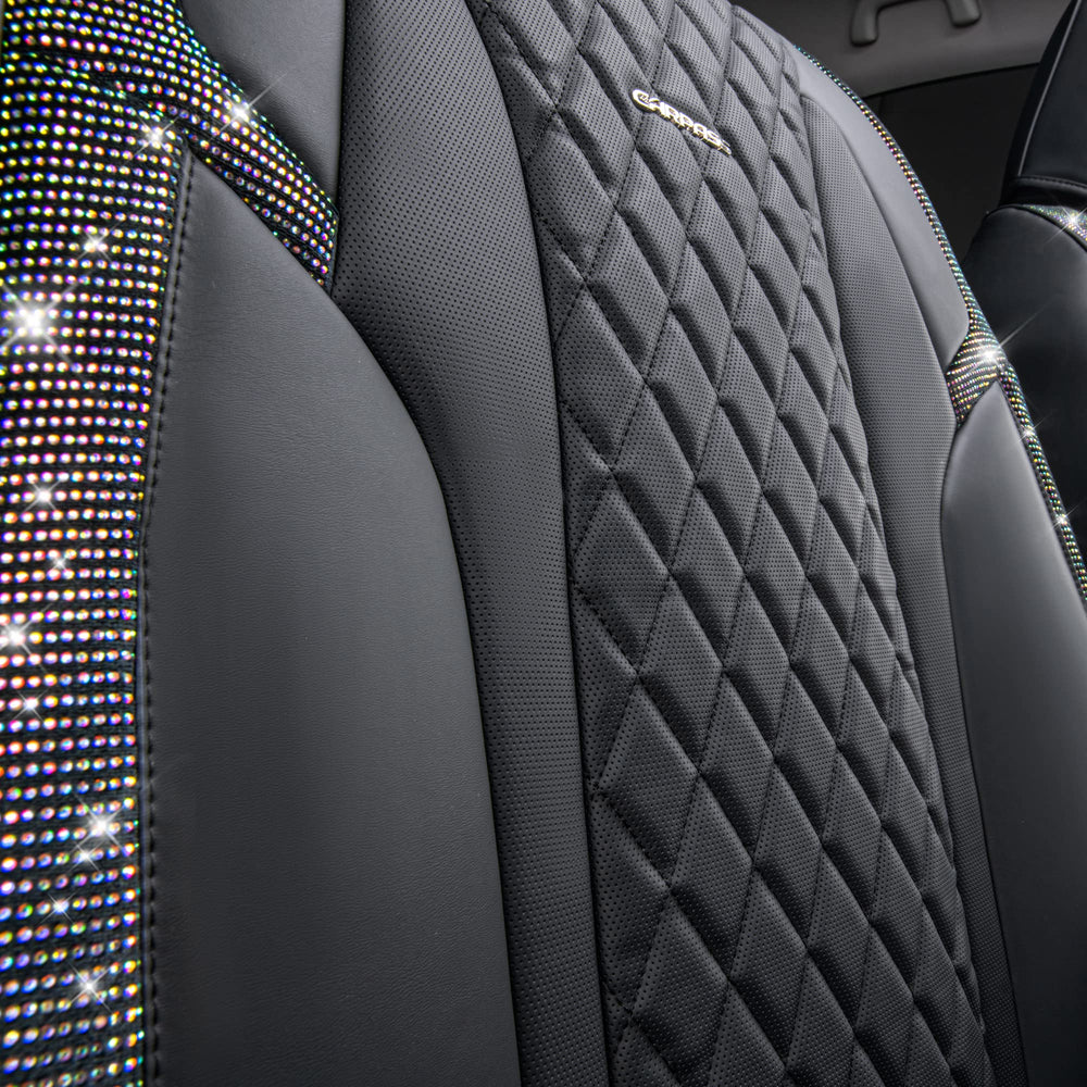 CAR PASS rear seat cover with rhinestones protects upholstery and shines.