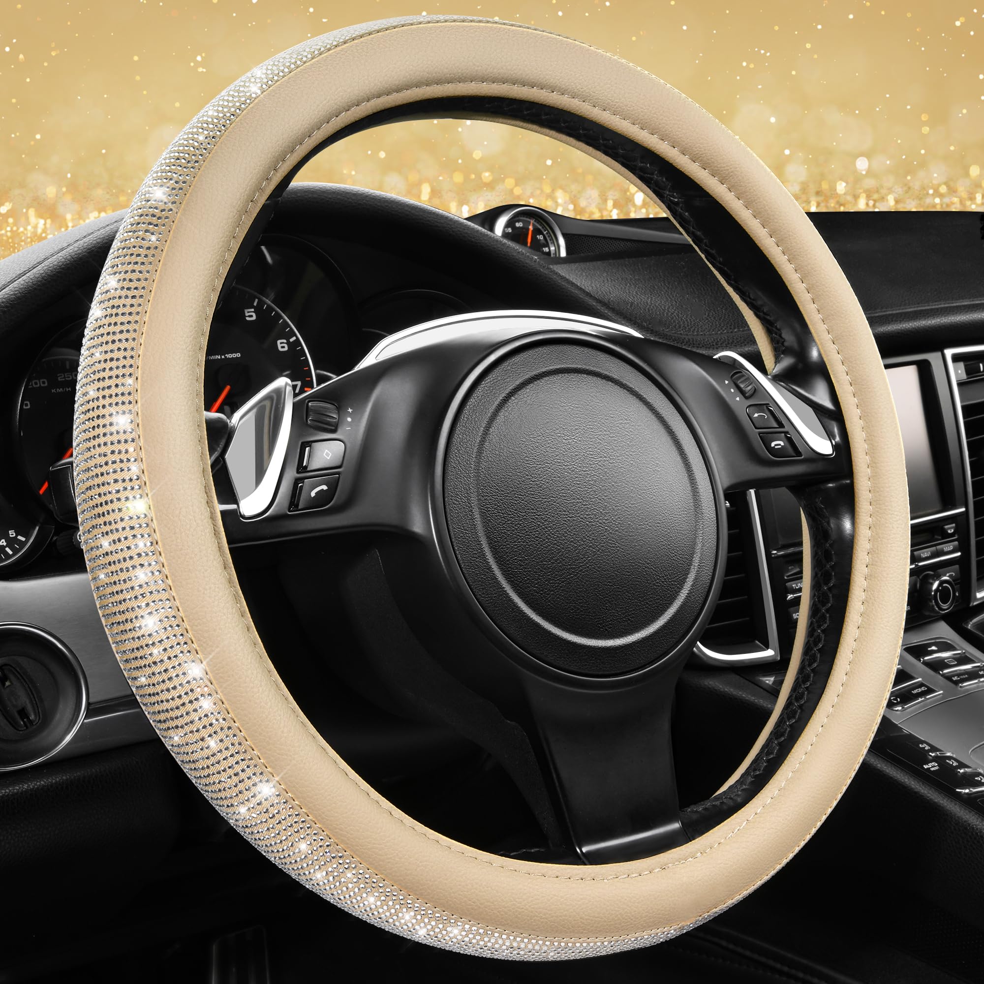 CAR PASS Bling Diamond Steering Wheel Cover closeup with crystals for luxury styling.