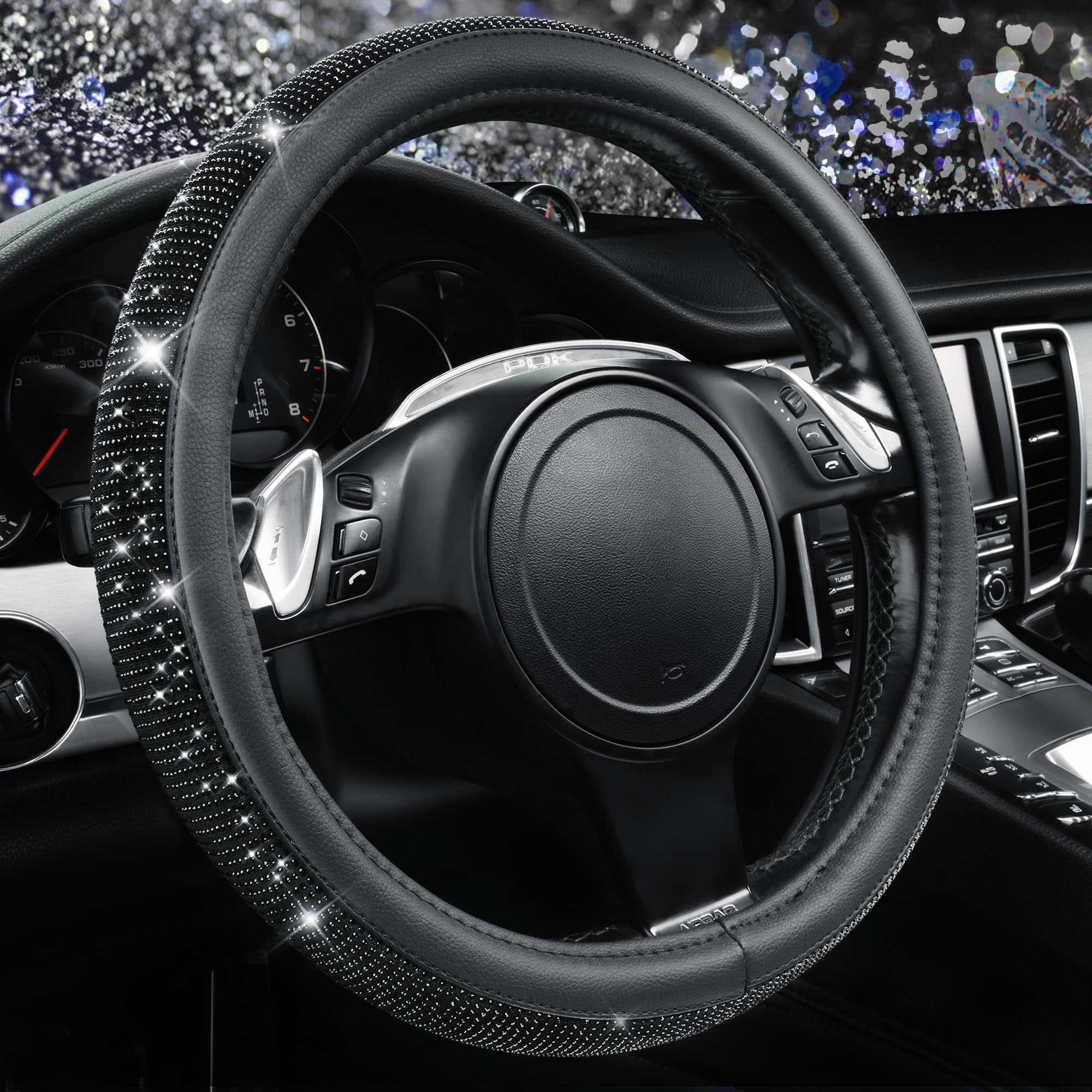 CAR PASS Bling Diamond steering wheel cover close-up with crystals adds luxe grip
