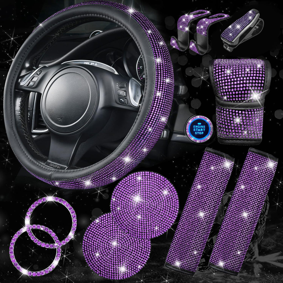 CAR PASS Bling purple steering wheel cover adds luxurious sparkle to the interior.