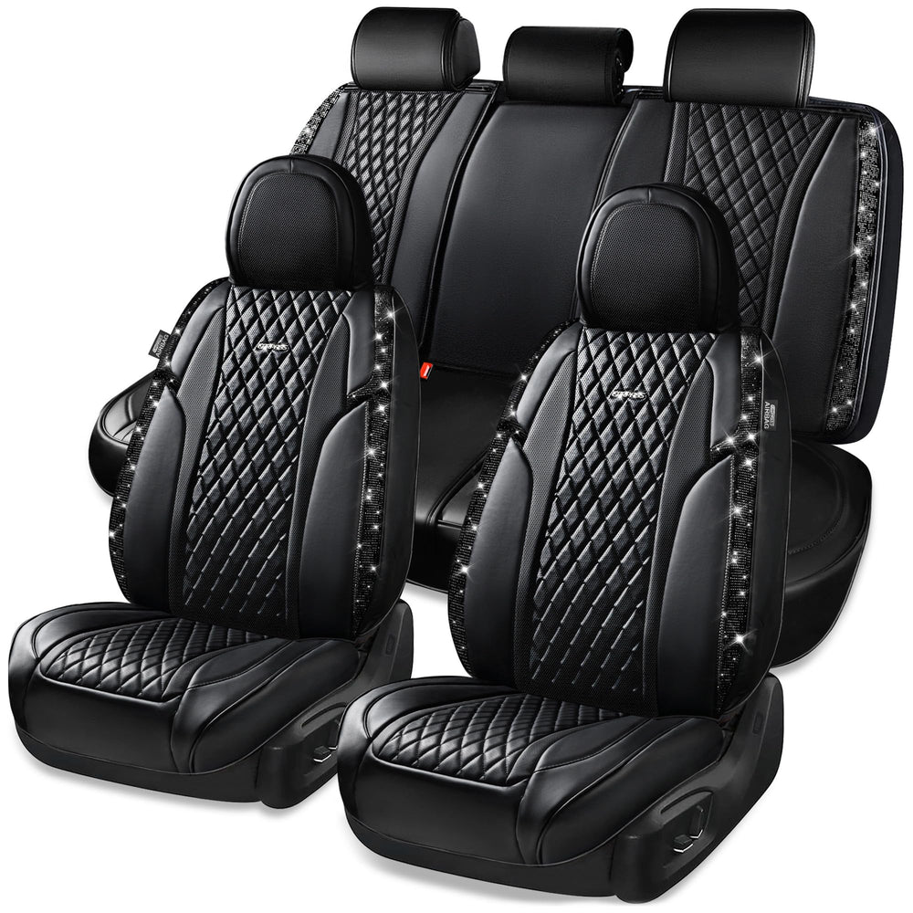 CAR PASS bling seat cover full set front view with rhinestones and snug fit