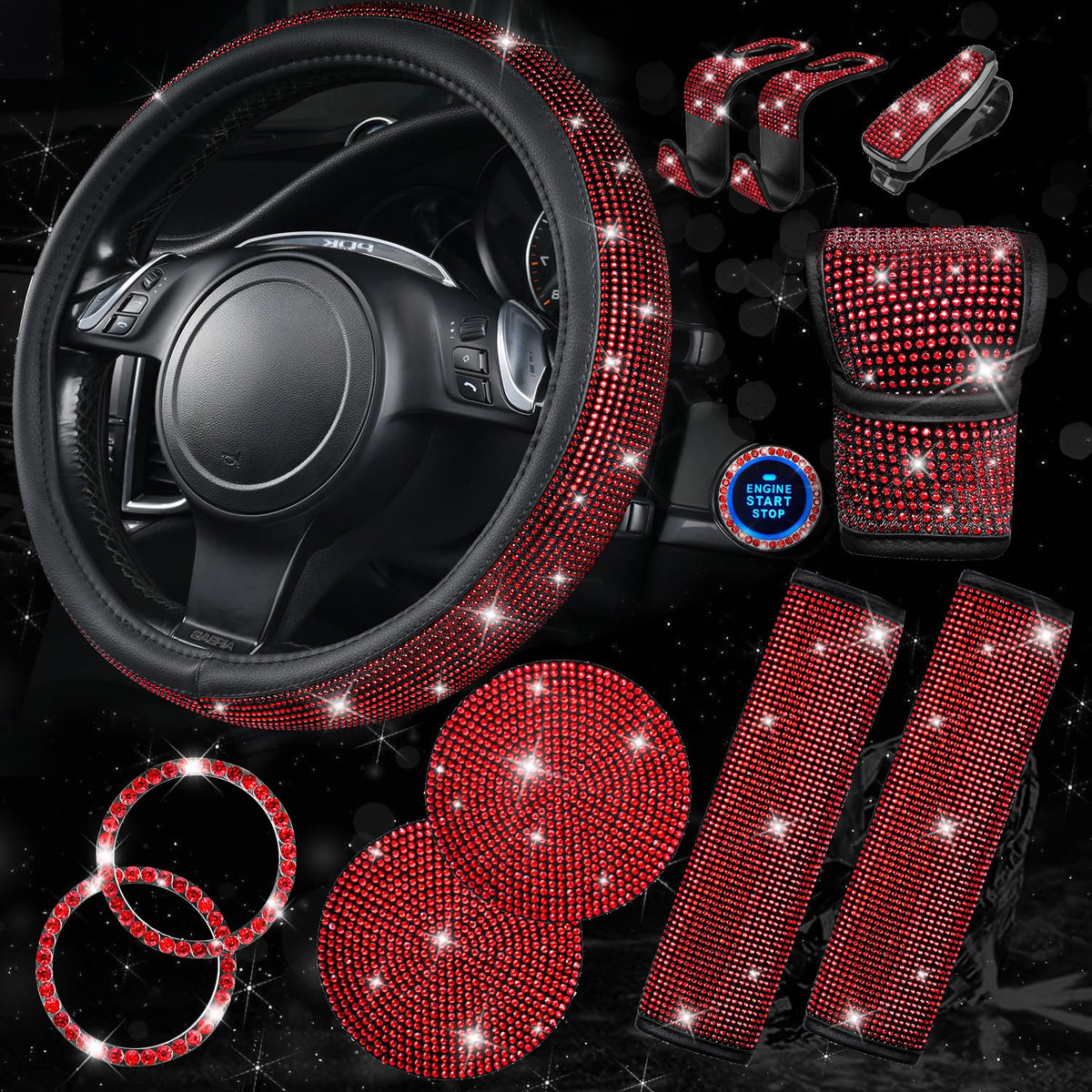 CAR PASS bling steering wheel cover in red enhances interior shine and grip