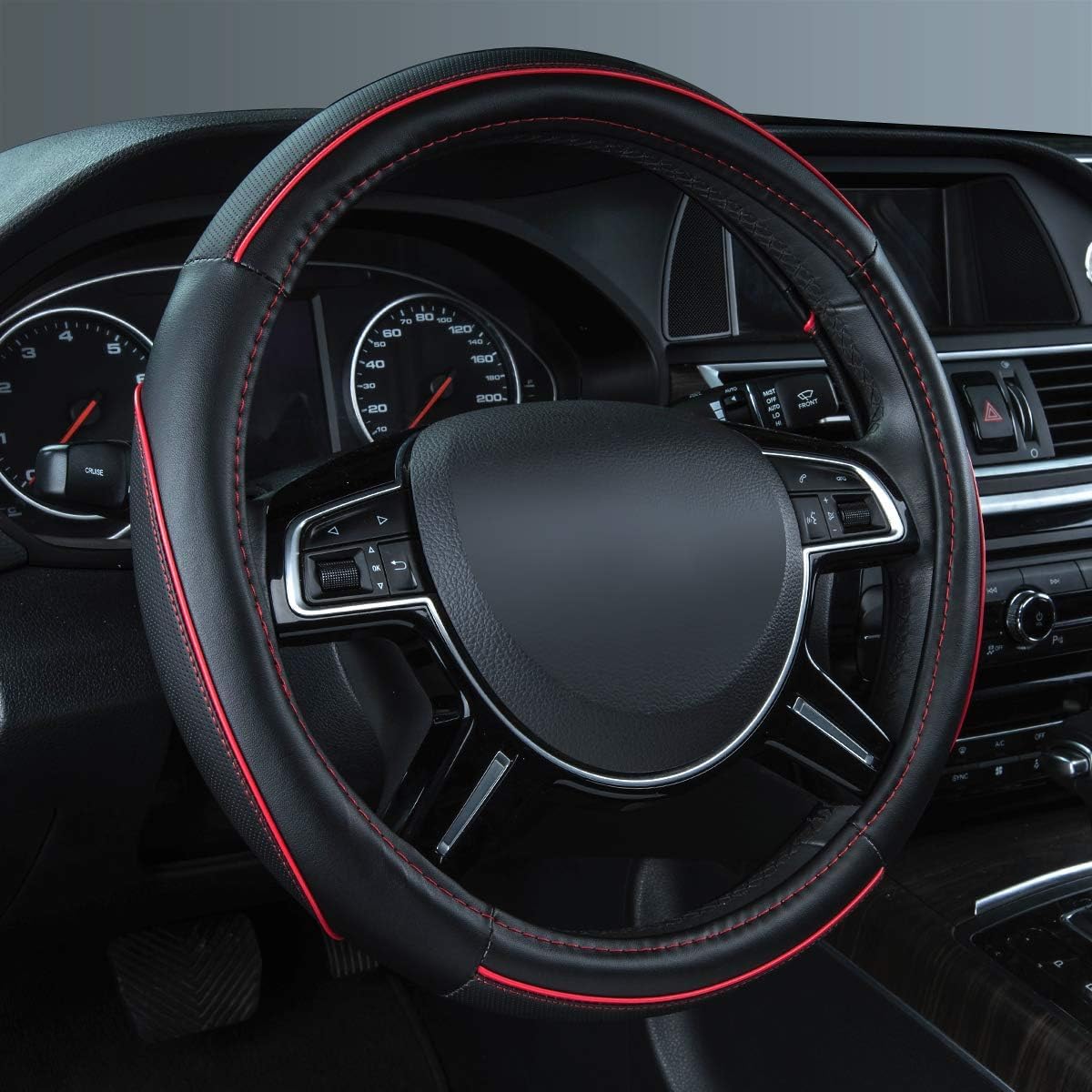 CAR PASS color piping leather steering wheel cover in black and red enhances grip and style.
