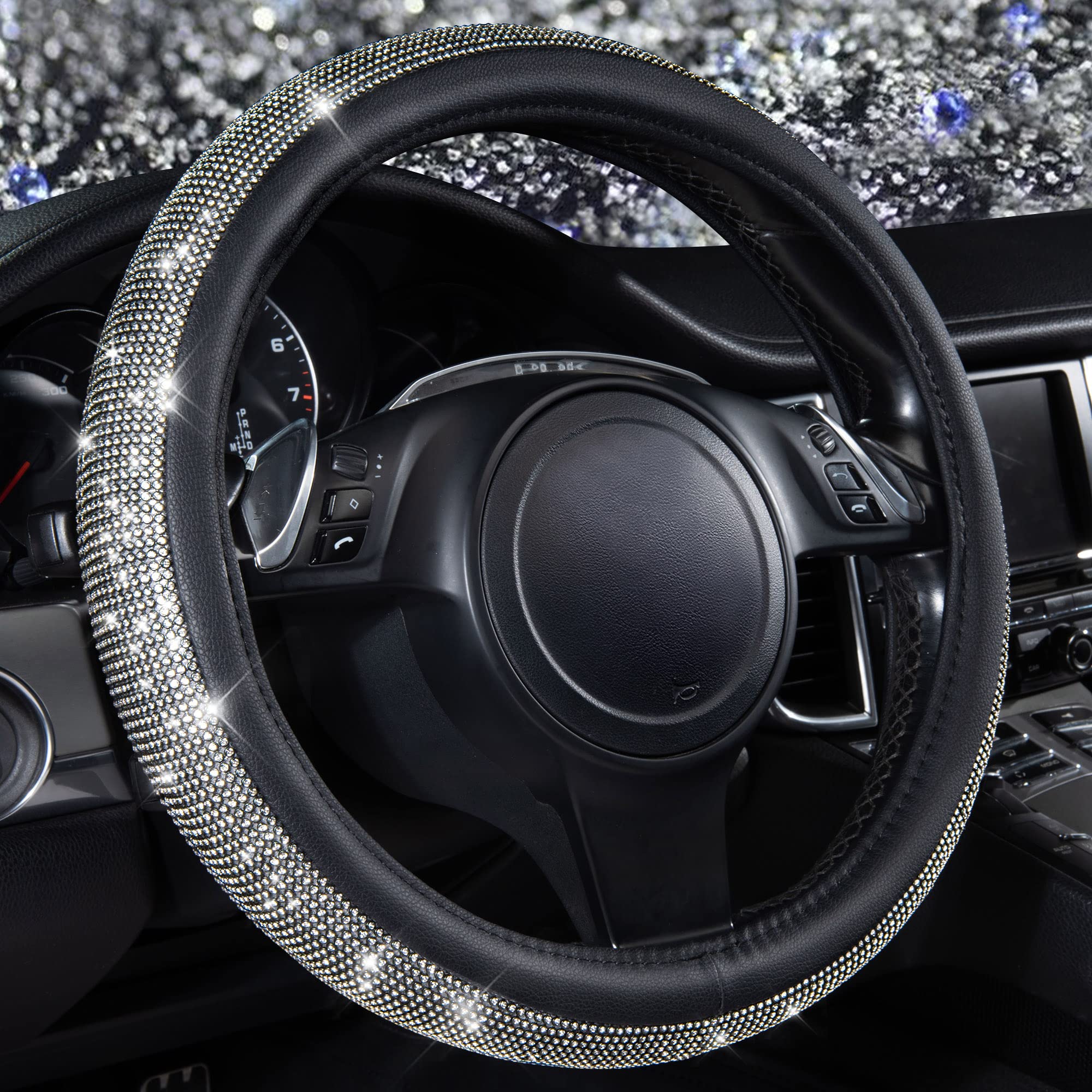 CAR PASS Diamond Black Leather steering wheel cover detail showing premium sparkle and grip