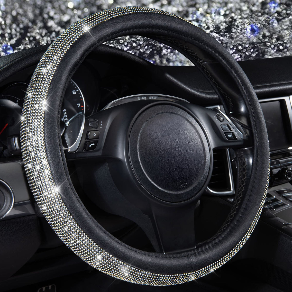 CAR PASS Diamond Black Leather steering wheel cover detail showing premium sparkle and grip