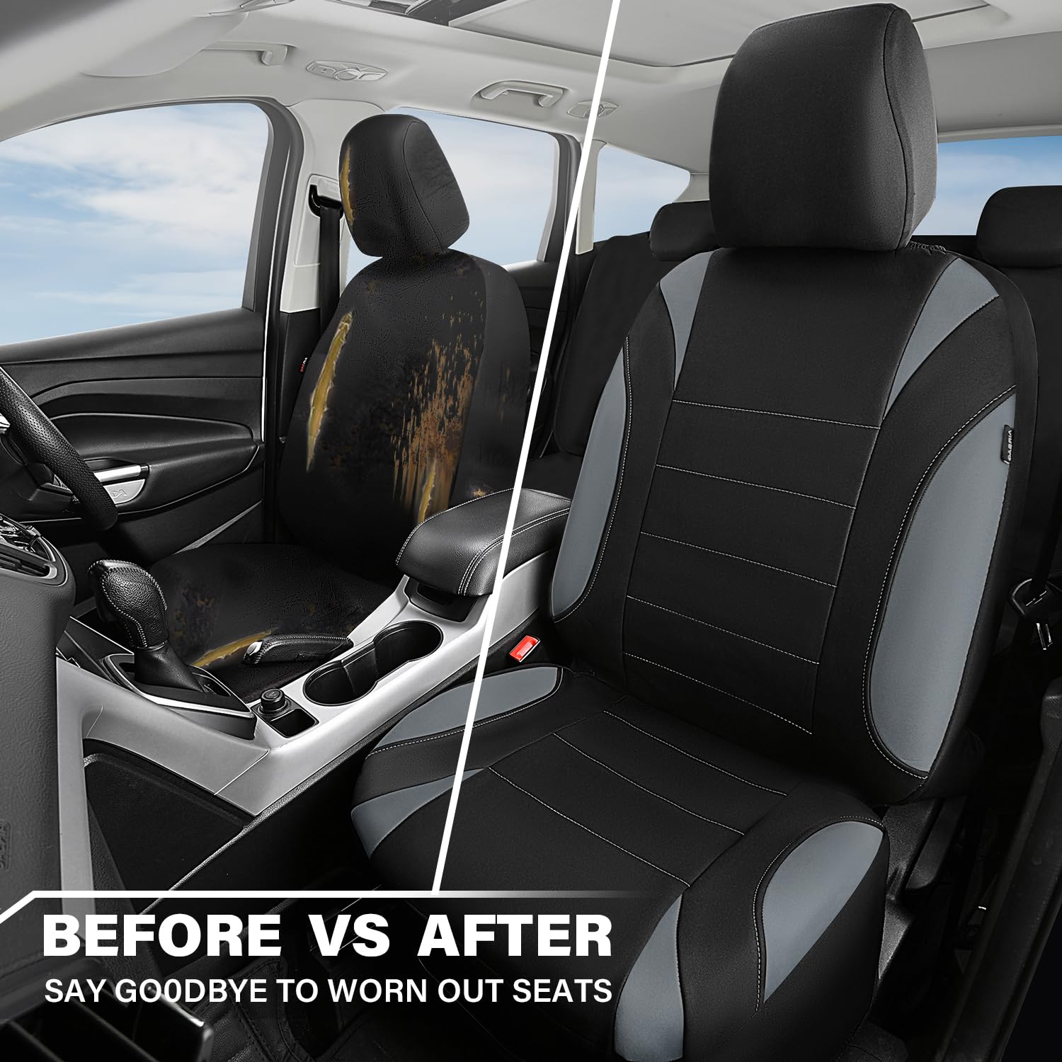 CAR PASS gray neoprene protects from sweat, dog hair, and odors.