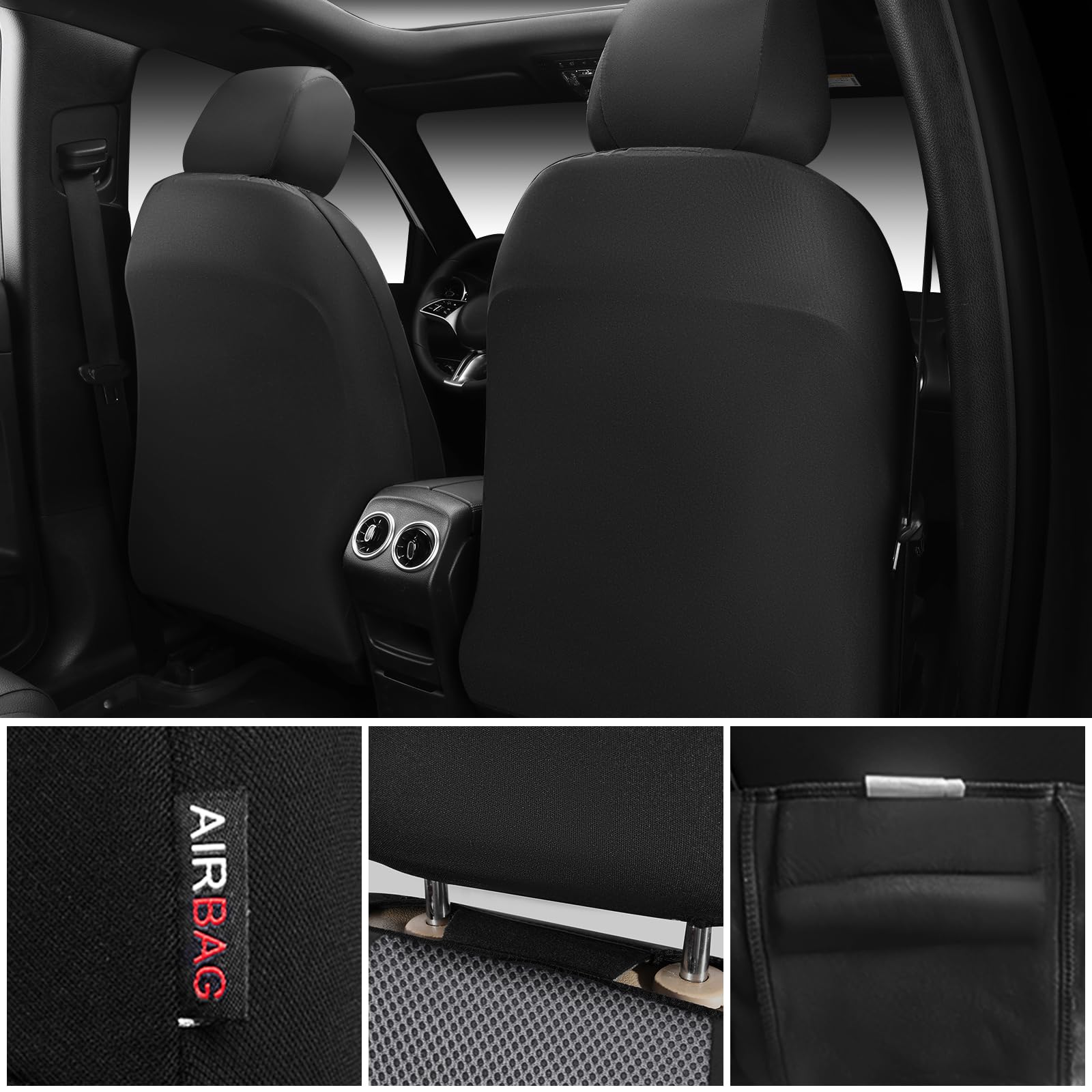 CAR PASS easy-install front seat cover with accessible headrest and belt openings.