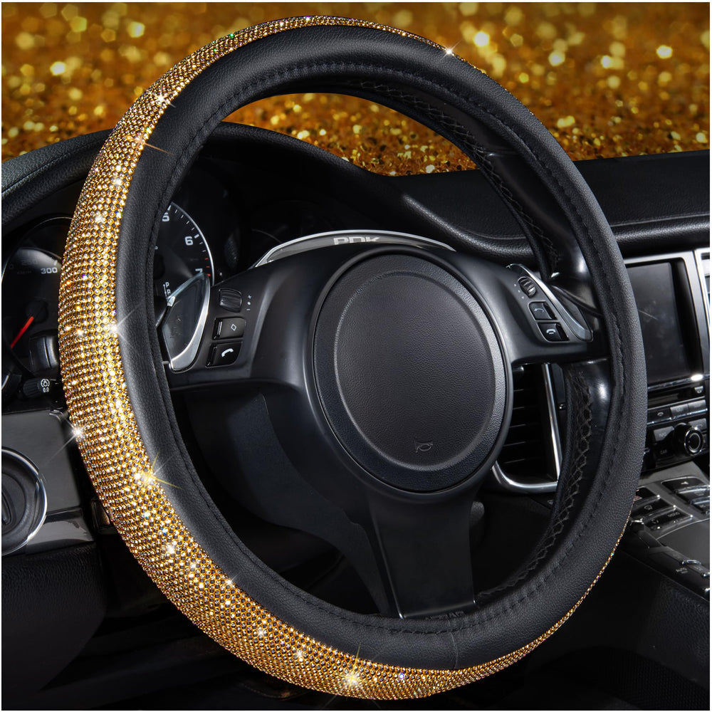CAR PASS golden diamond leather steering cover for premium look and grip.