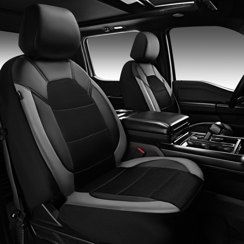 CAR PASS leather front seat cover close-up showing breathable mesh for cooling comfort on long drives
