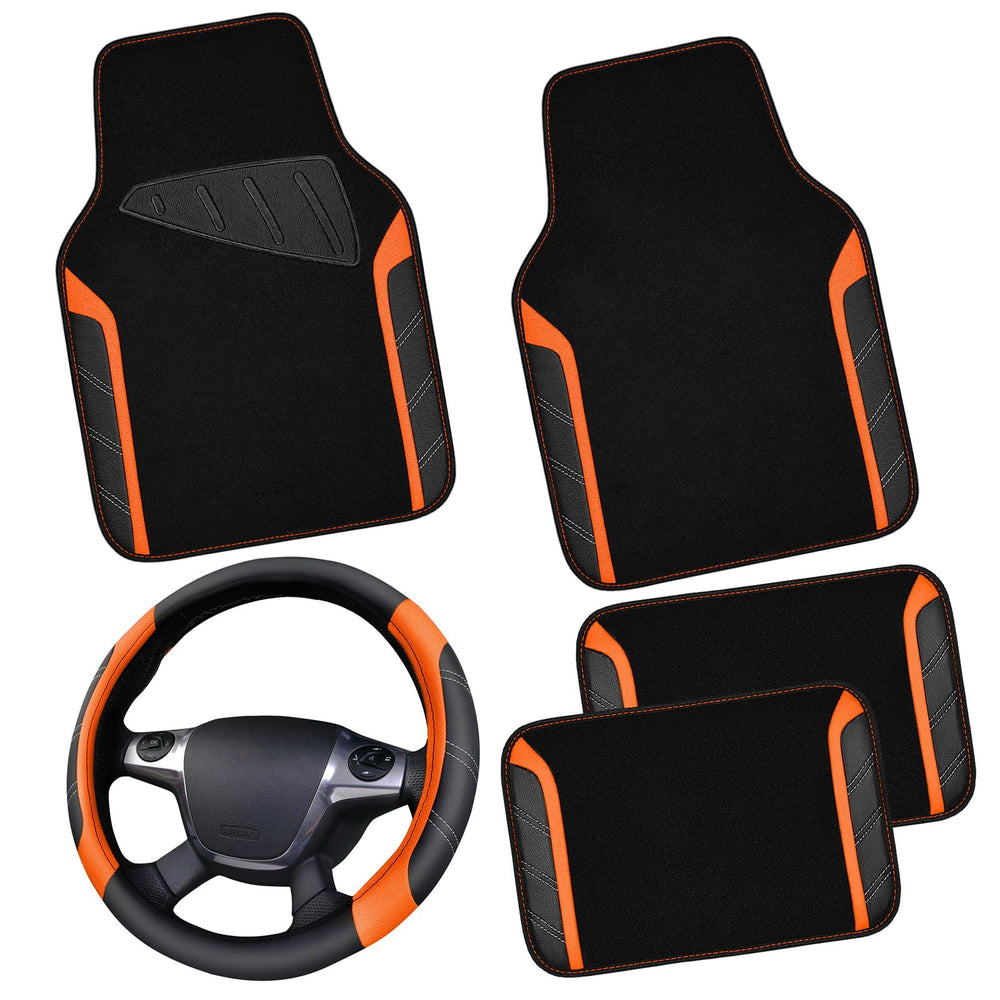 CAR PASS leather steering wheel cover close-up orange showing premium texture and grip.