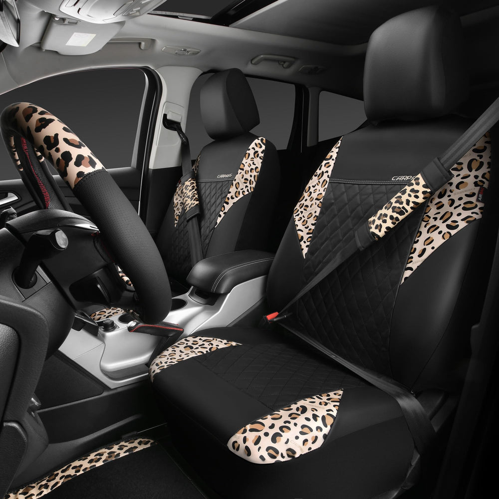 CAR PASS leopard front seat cover set adds bold pattern and protection