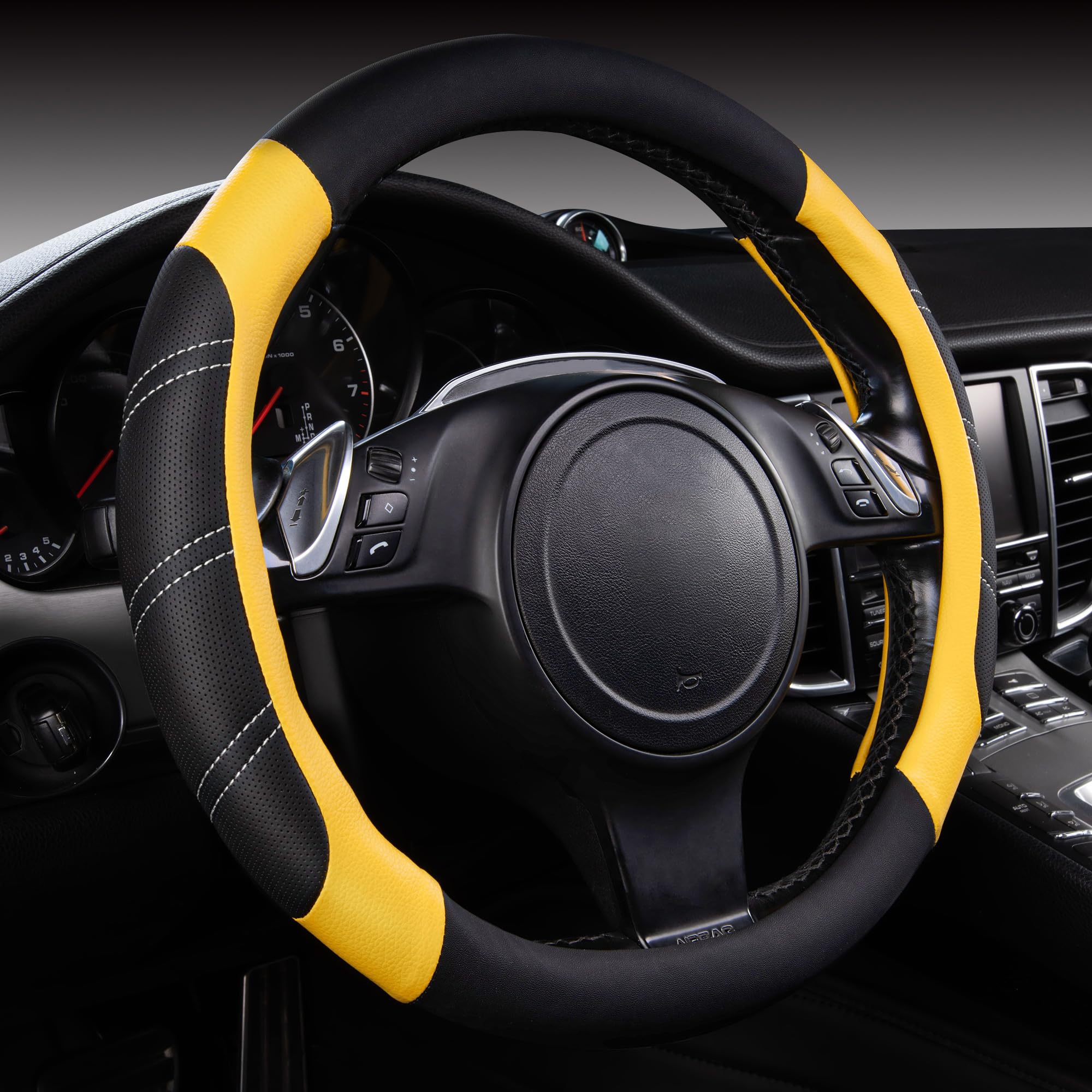 CAR PASS Line Rider microfiber leather steering cover for enhanced grip and style.