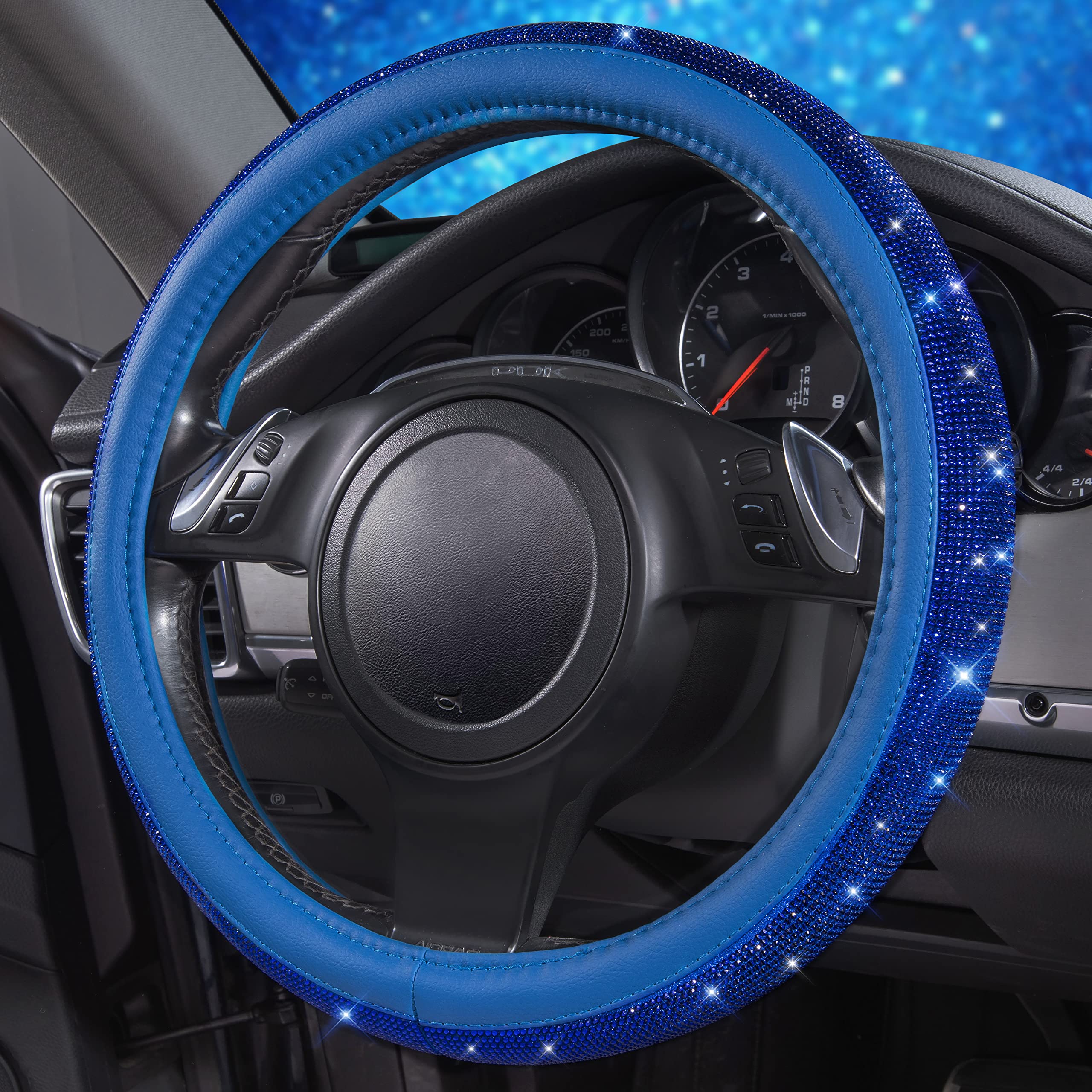 Luxurious blue PU leather steering wheel cover by CAR PASS.