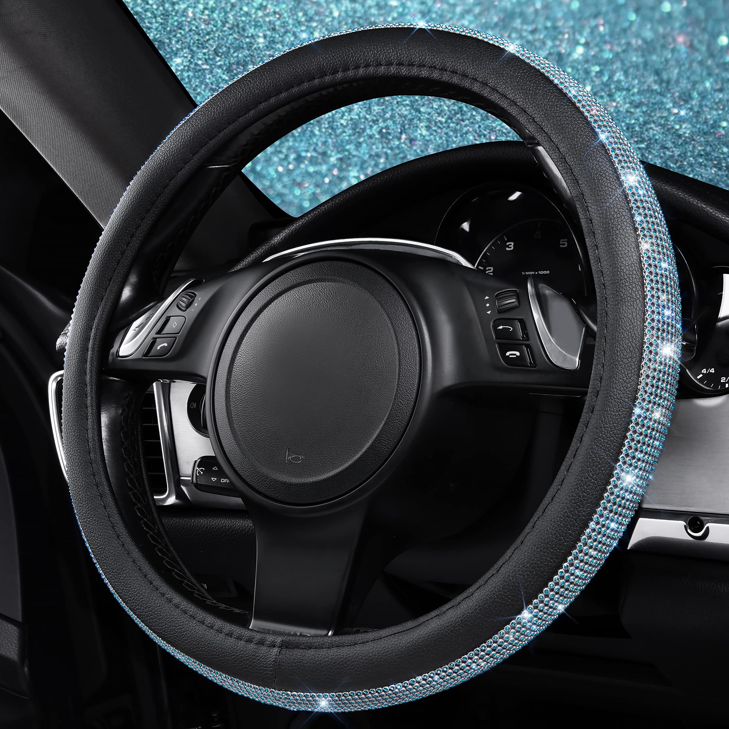 Luxurious soft-touch CAR PASS steering wheel cover in mint blue