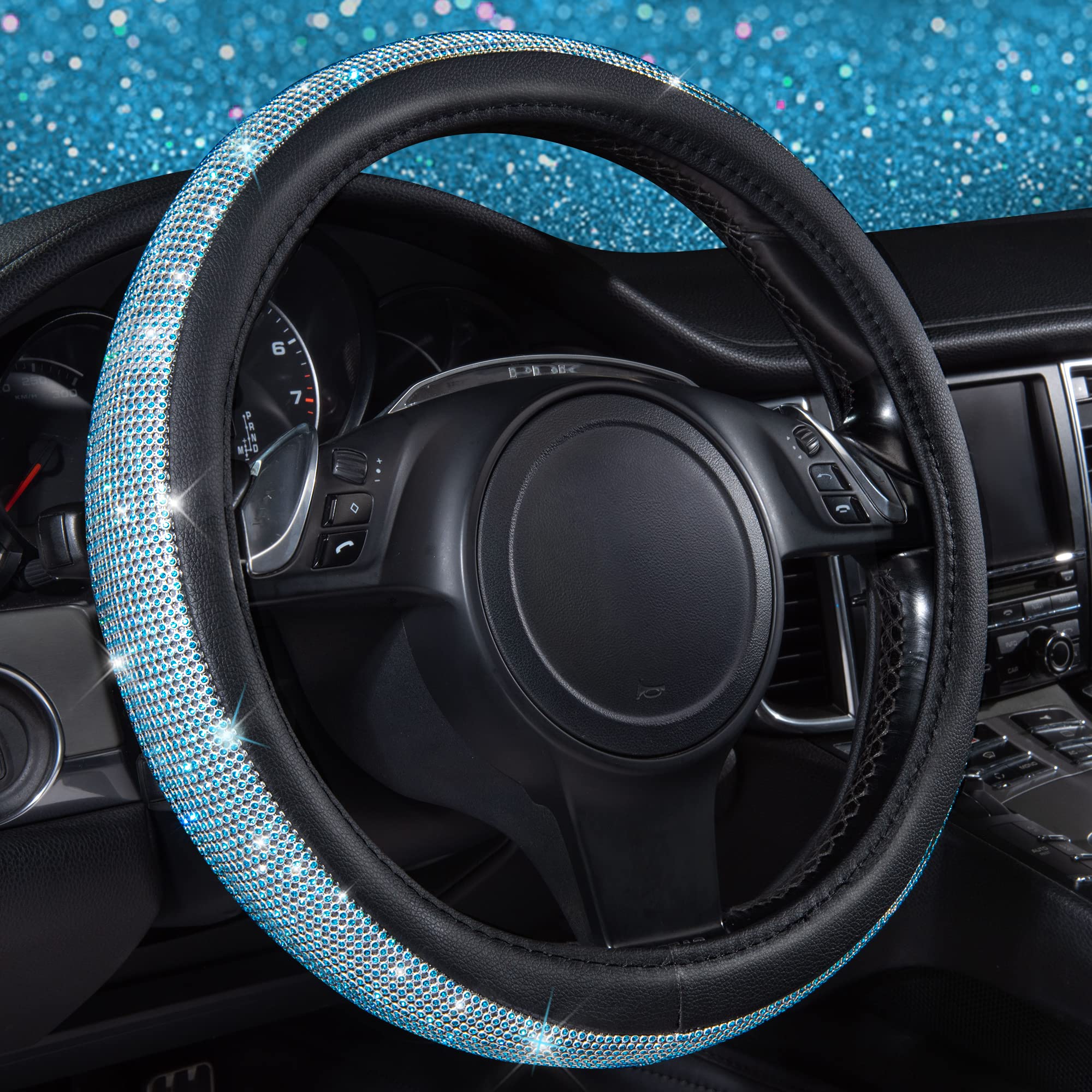 CAR PASS mint blue diamond leather steering wheel cover with premium grip and sparkle