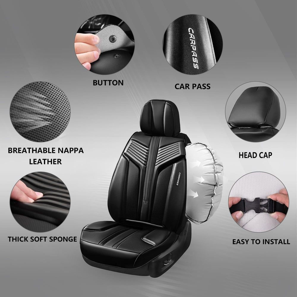 CAR PASS Nappa leather front seat cover airbag-safe shows safe integration.