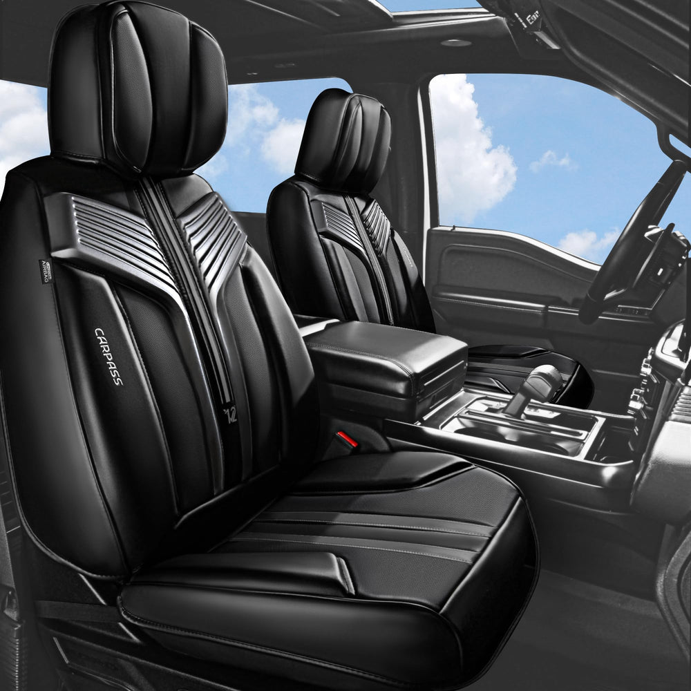 CAR PASS Nappa leather front seat cover close-up shows premium stitching and cushioned comfort.