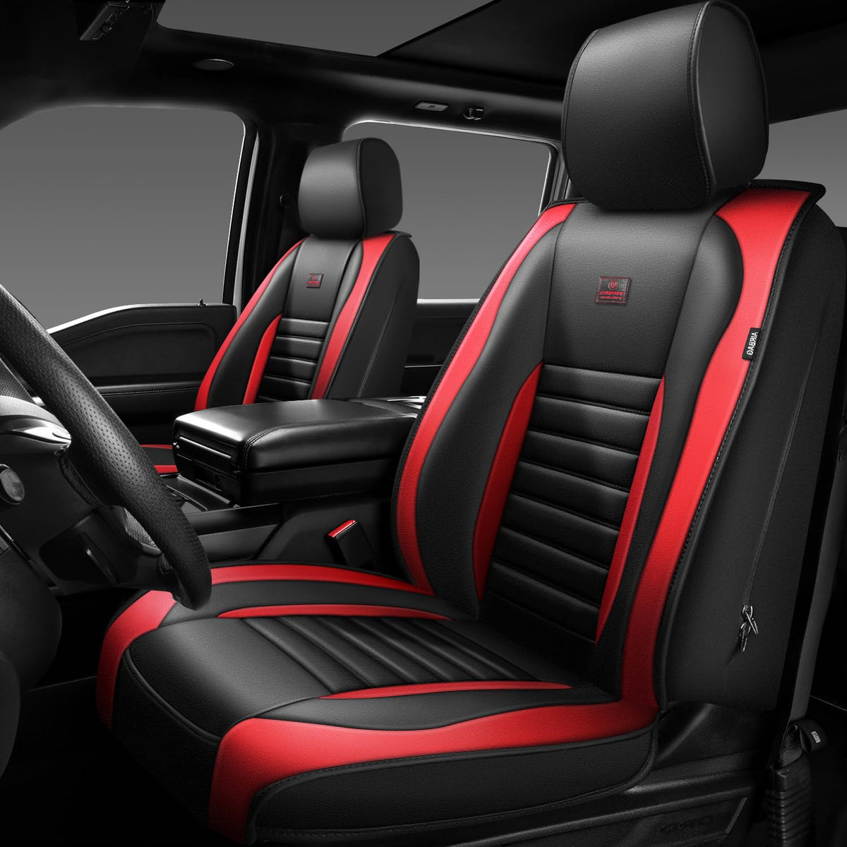 CAR PASS Nappa Leather front seat covers in black red offering waterproof protection
