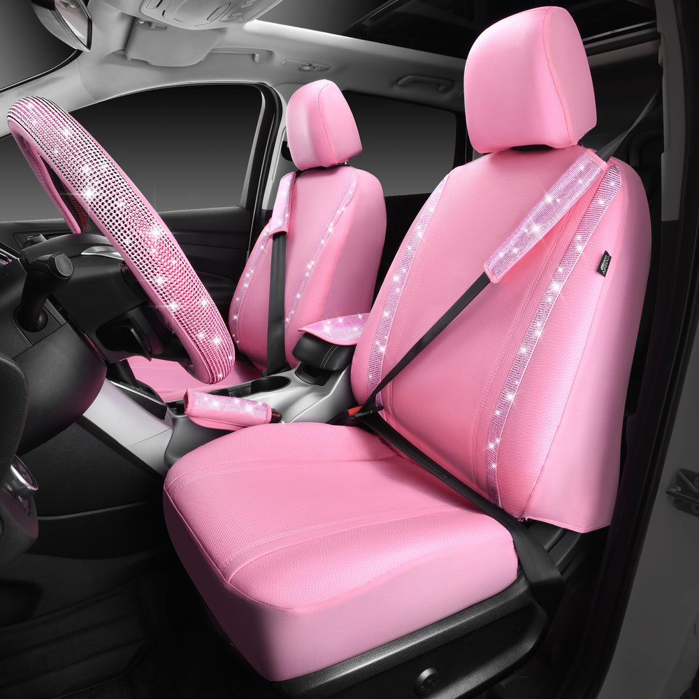 CAR PASS pink bling front seat covers protect upholstery with glamorous style.