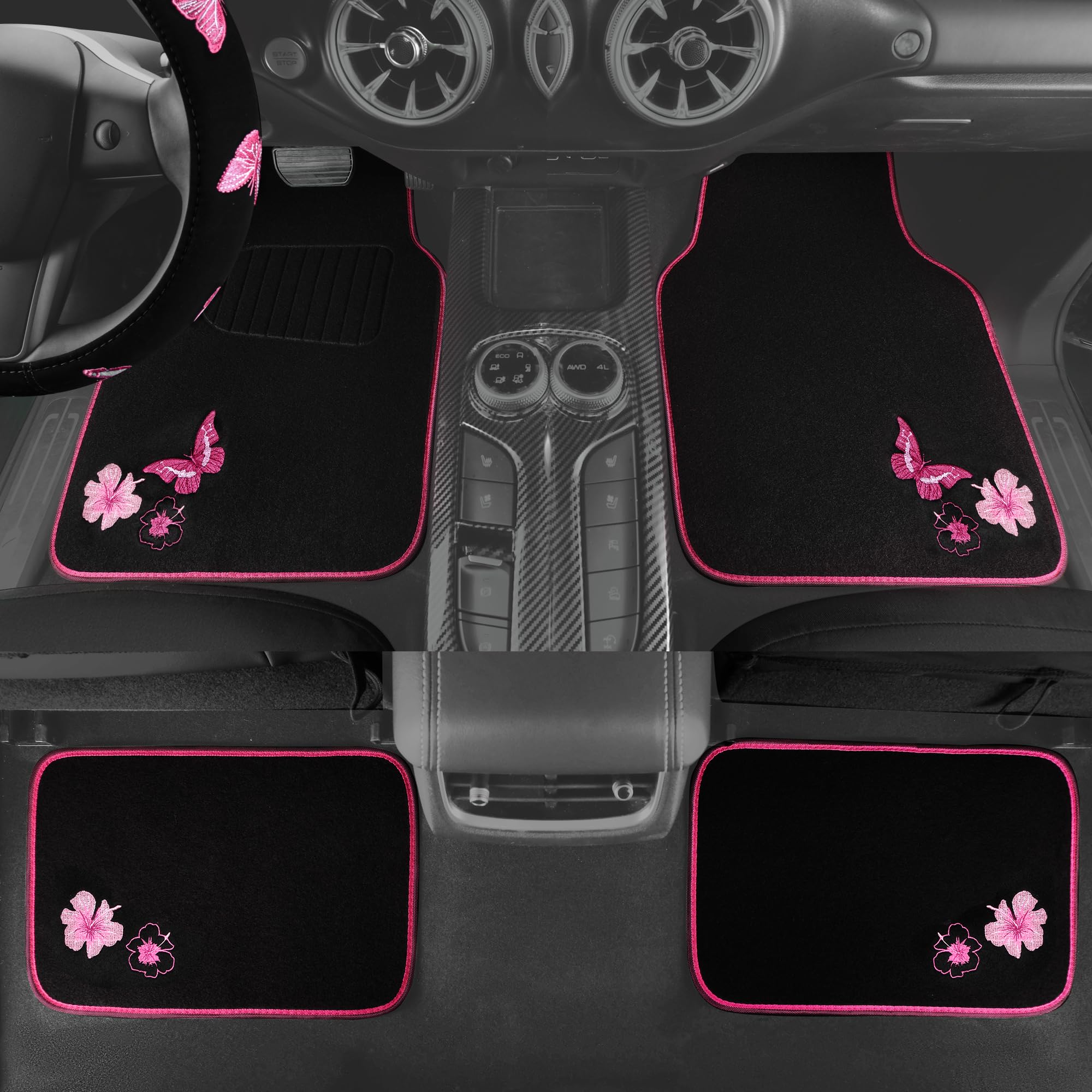 CAR PASS pink butterfly rear floor mats protecting rear area from dirt