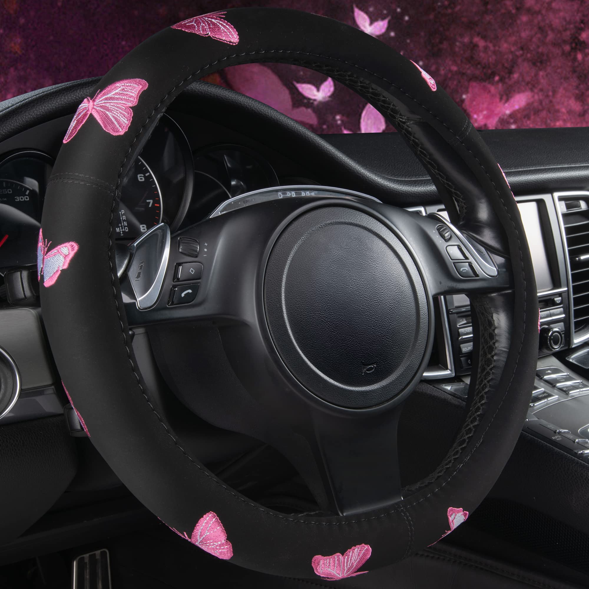CAR PASS pink butterfly embroidery steering cover improves grip and style on the wheel
