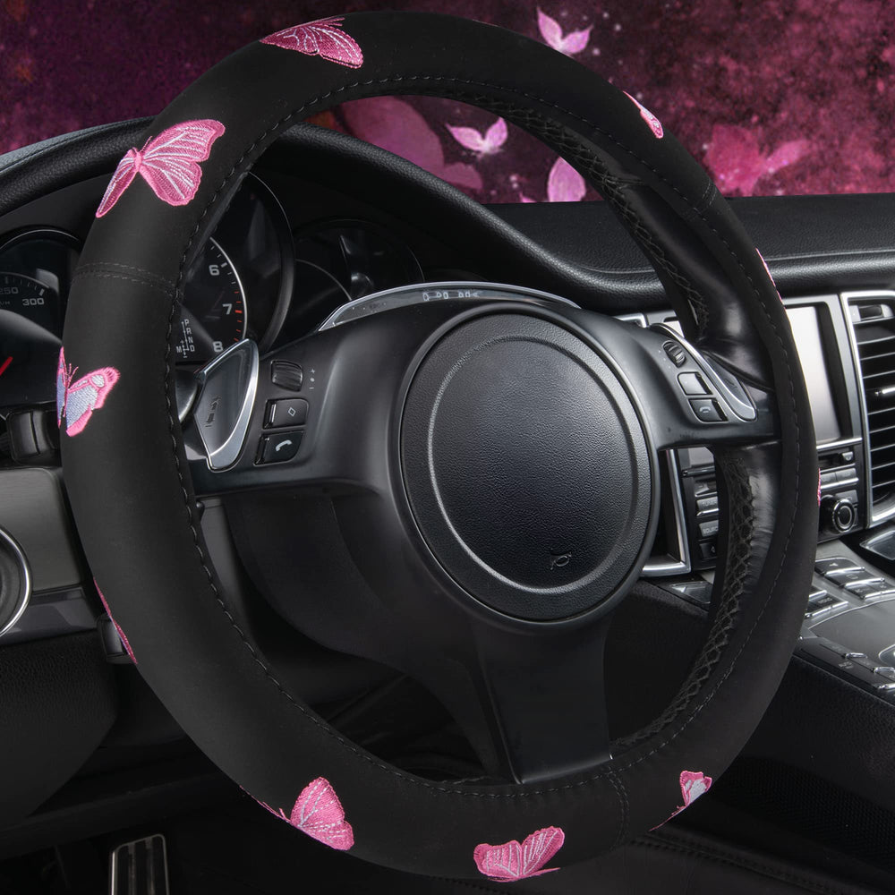 CAR PASS pink butterfly embroidery steering cover improves grip and style on the wheel