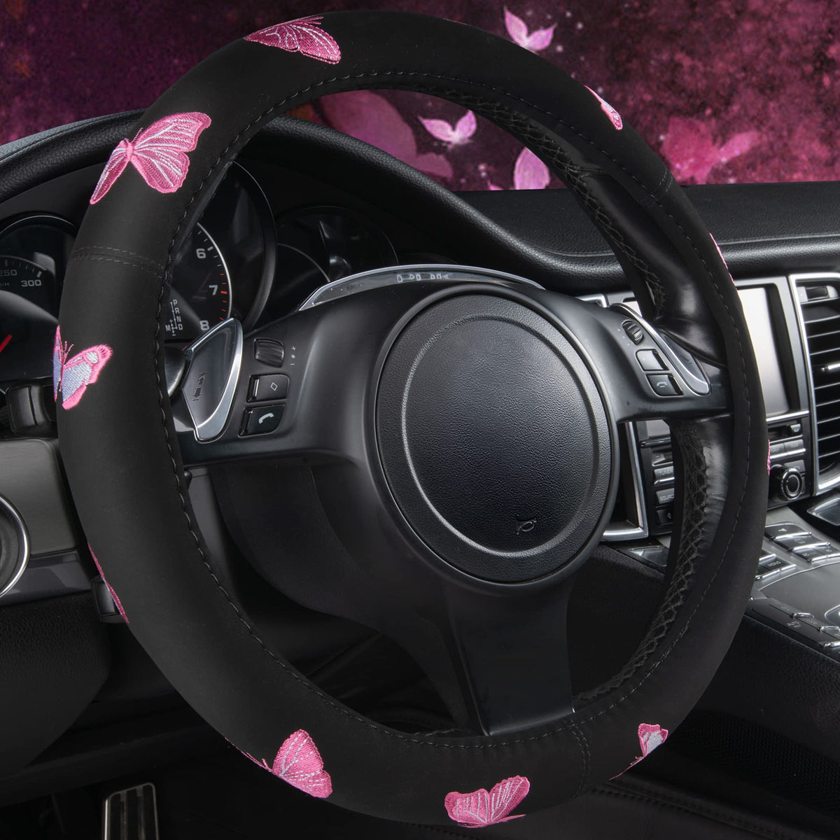 CAR PASS pink butterfly embroidery steering cover improves grip and style on the wheel